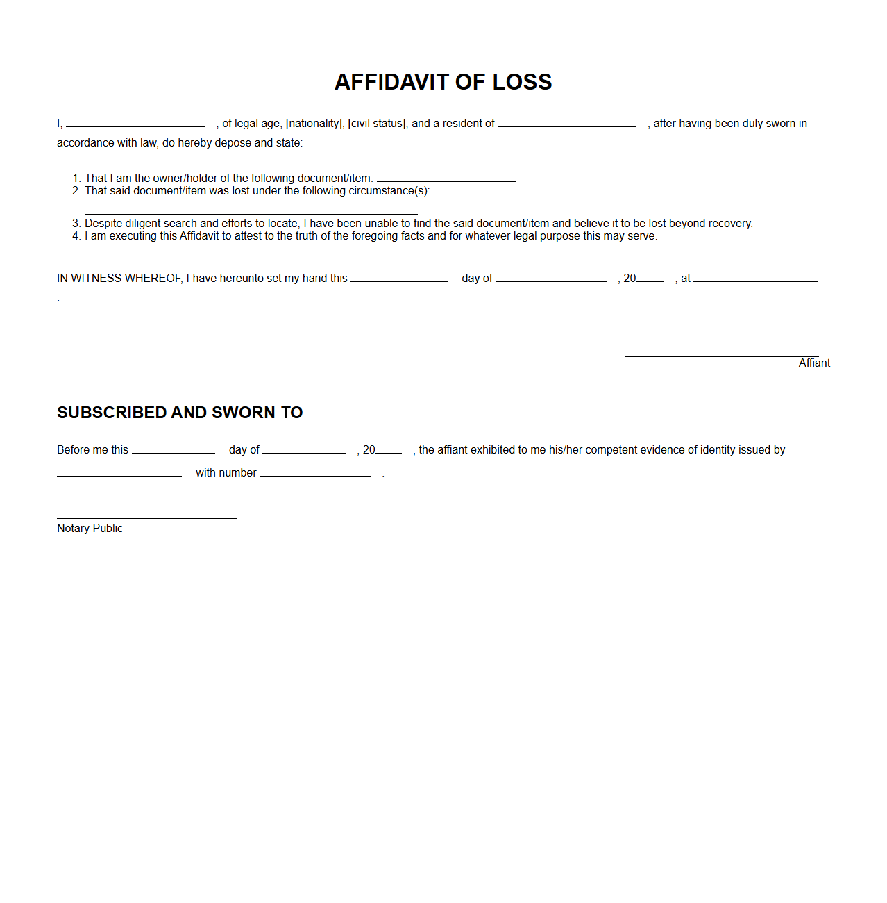 Affidavit of Loss for Court Documentation