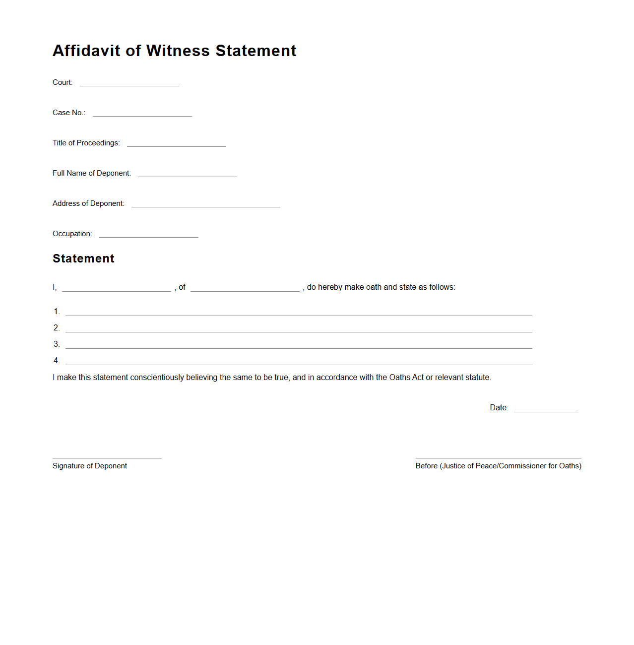 Affidavit of Witness Statement for Court