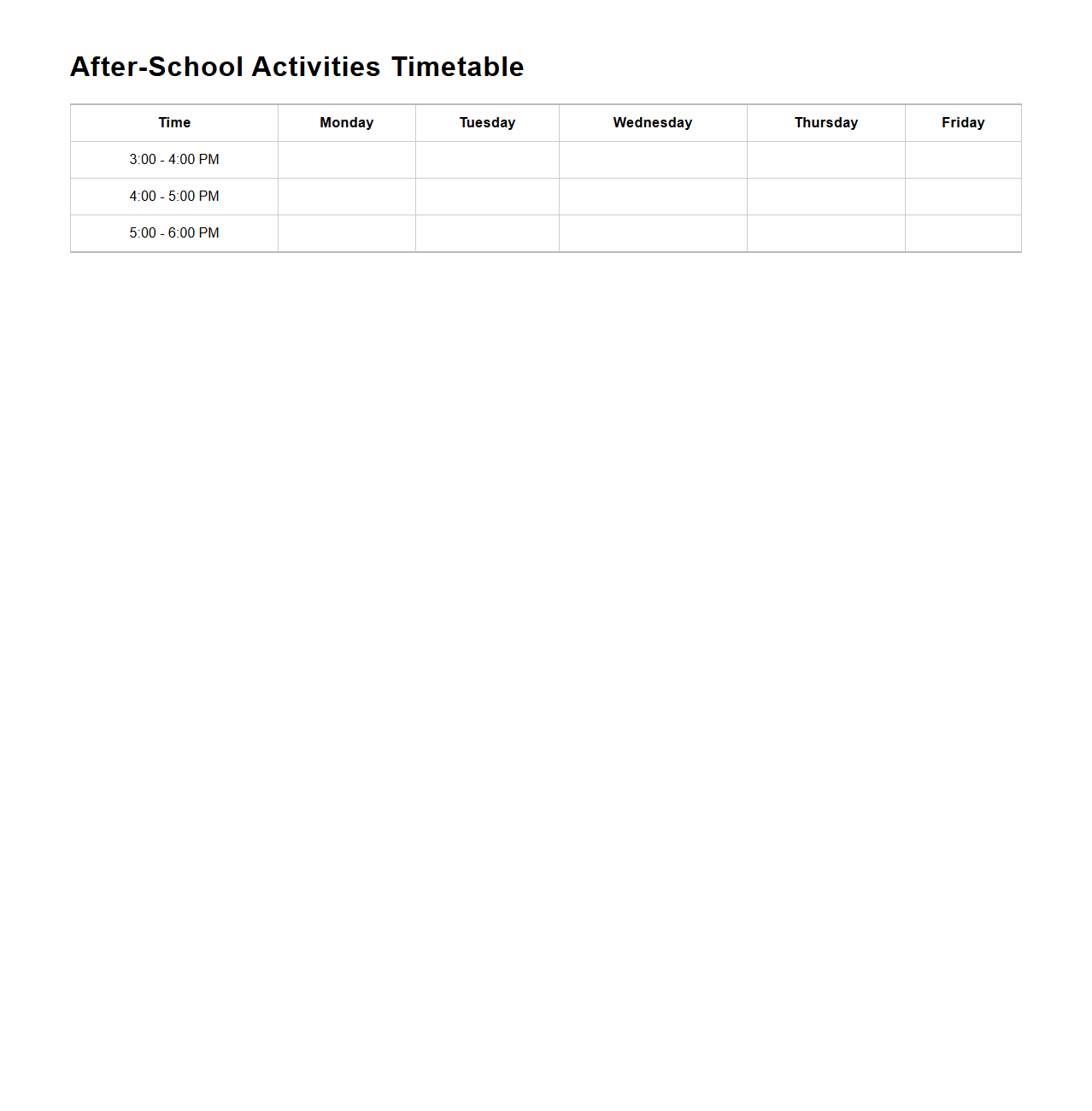 After-School Activities Timetable for Students