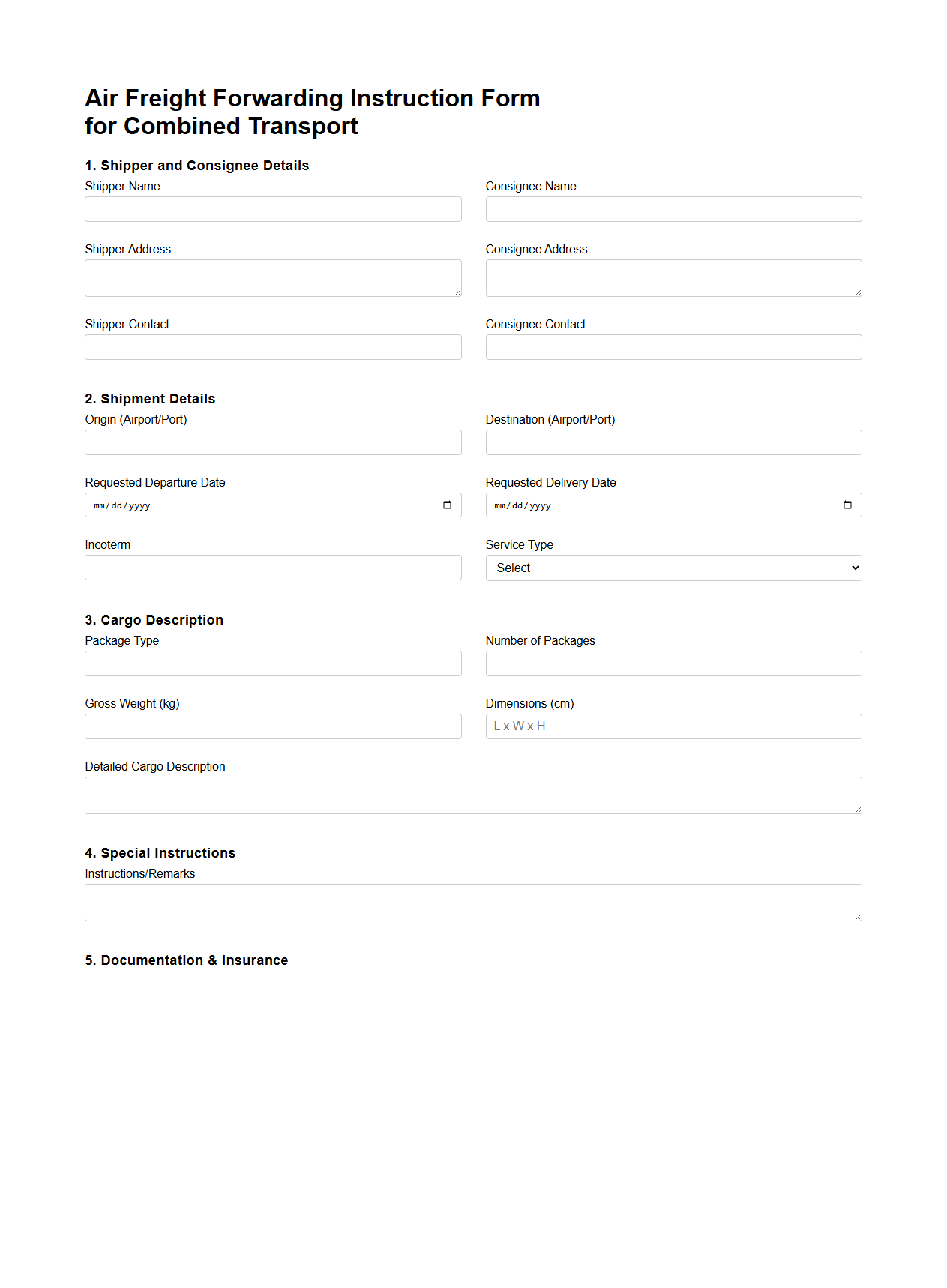 Air Freight Forwarding Instruction Form for Combined Transport