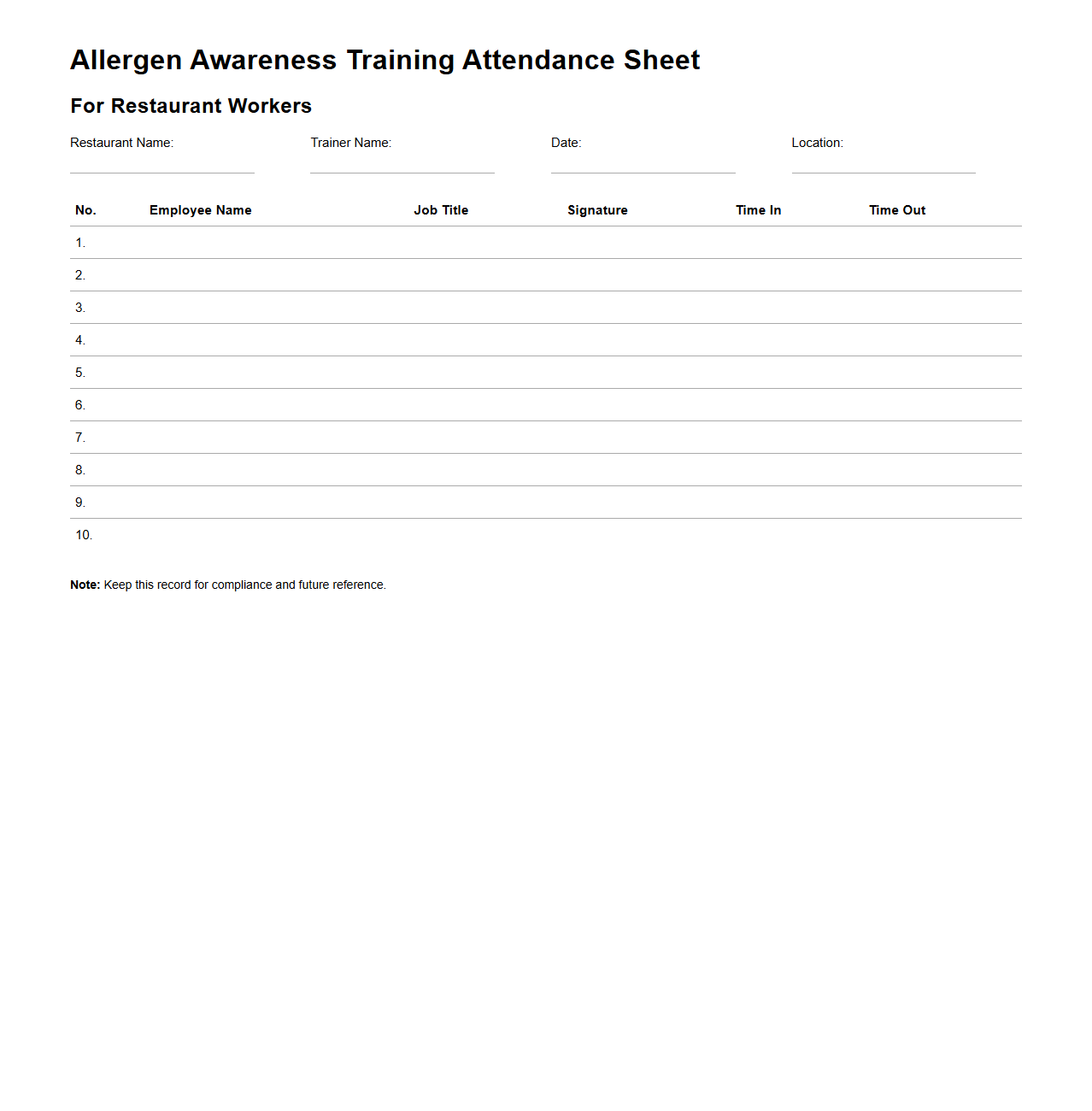 Allergen Awareness Training Attendance Sheet for Restaurant Workers