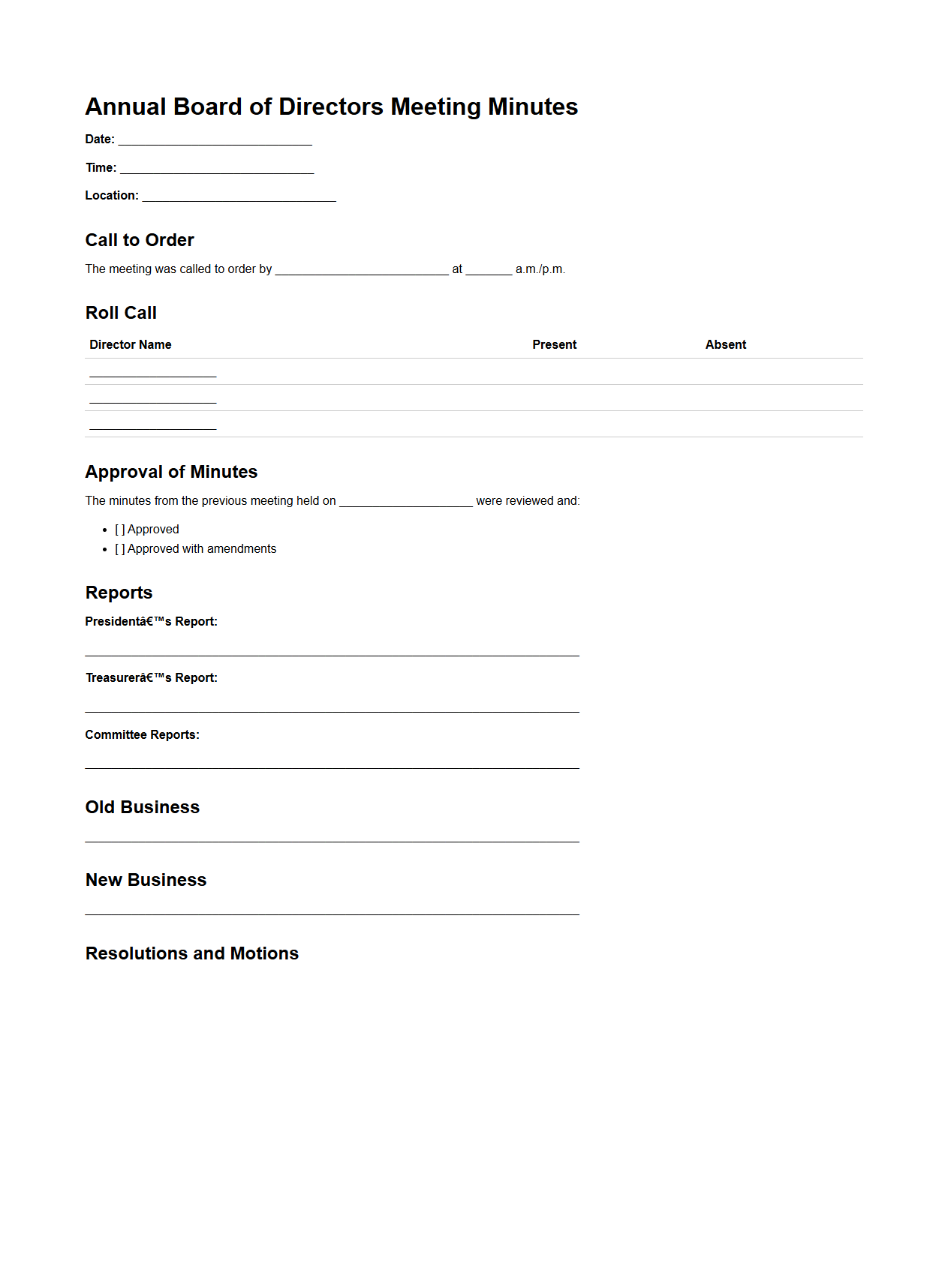 Annual Board of Directors Meeting Minutes Sample