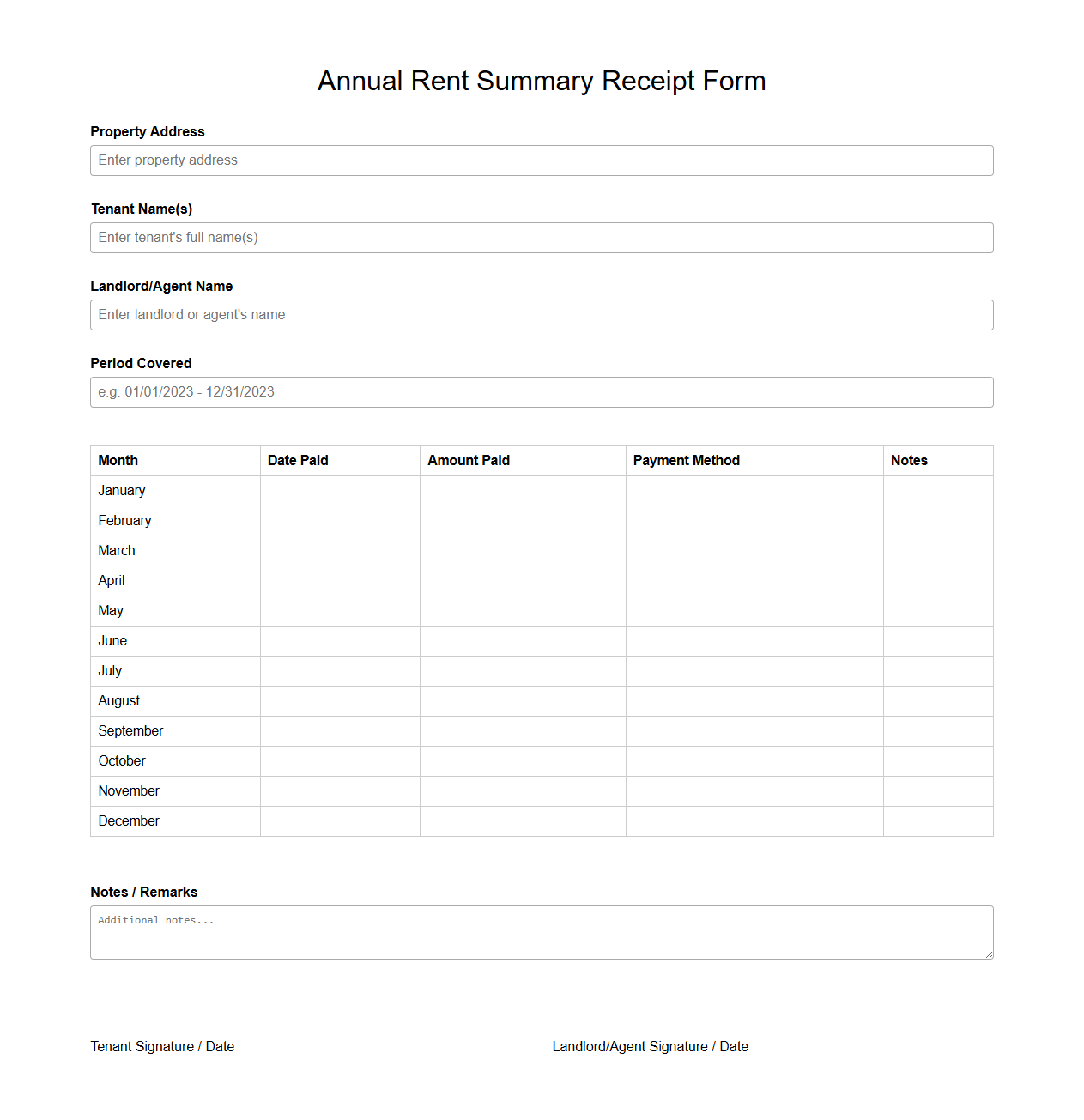 Annual Rent Summary Receipt Form