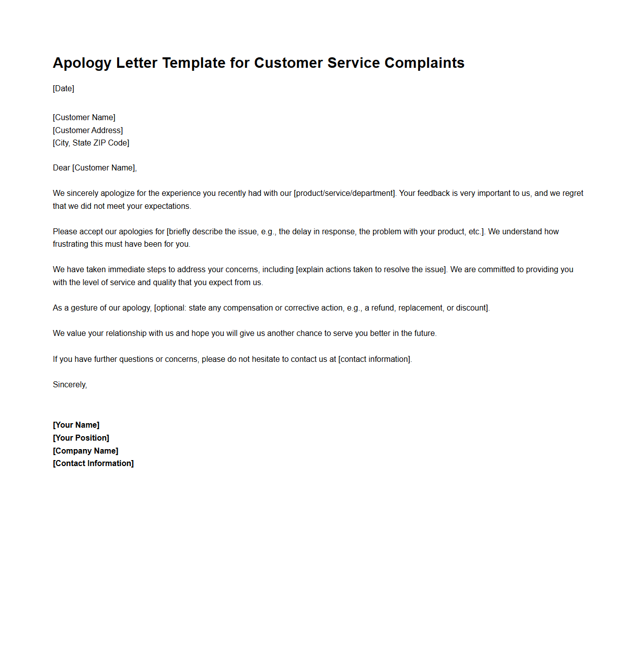 Apology Letter Template for Customer Service Complaints