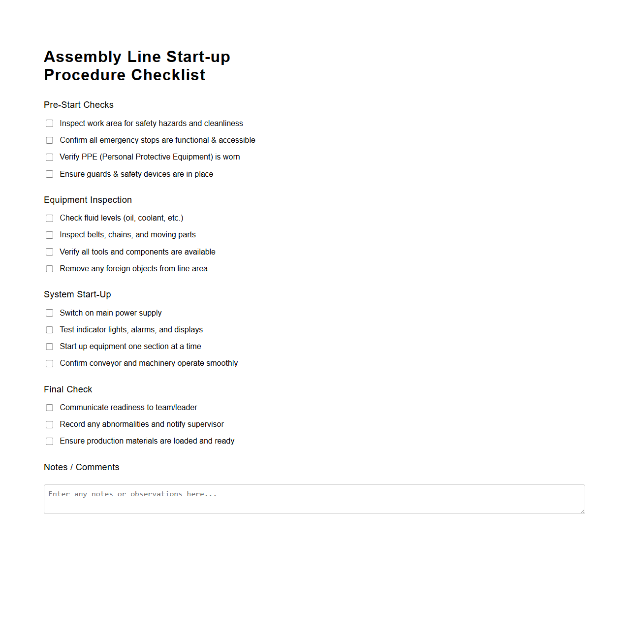 Assembly Line Start-up Procedure Checklist