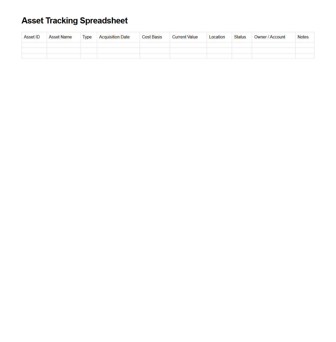 Asset Tracking Spreadsheet for Investment Firms