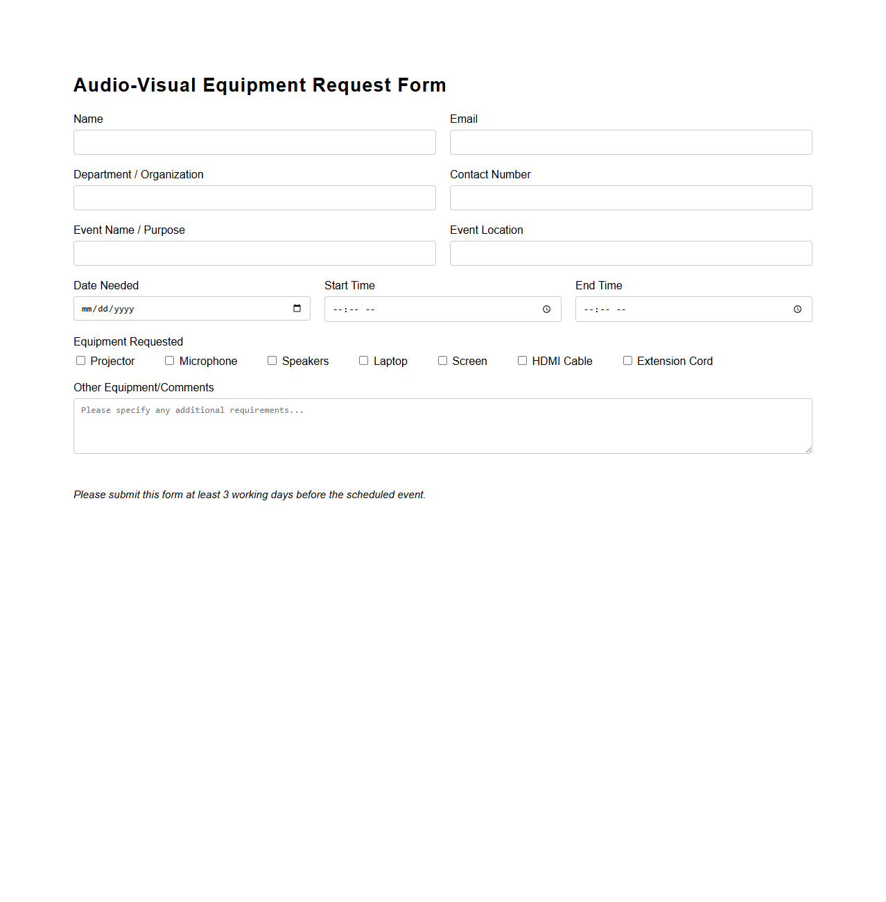Audio-Visual Equipment Request Form Sample