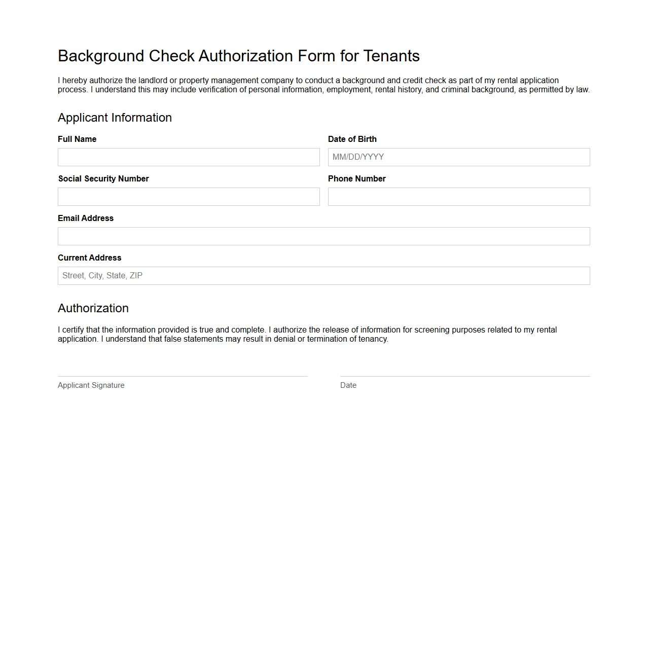 Background Check Authorization Form for Tenants