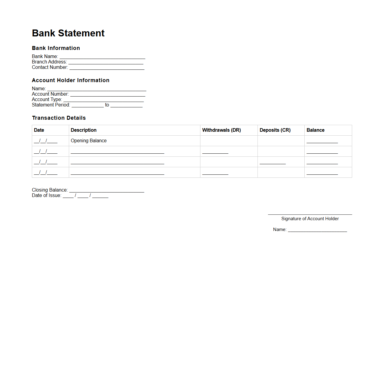 Bank Statement Template for Mortgage Submission