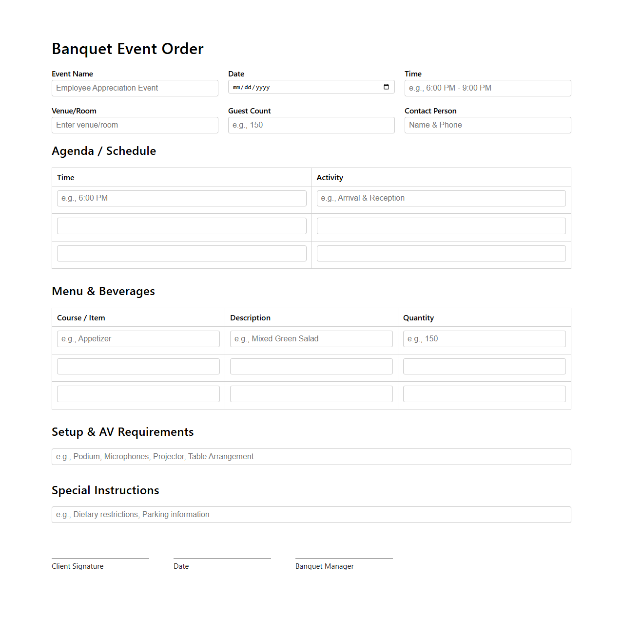 Banquet Event Order for Employee Appreciation Event