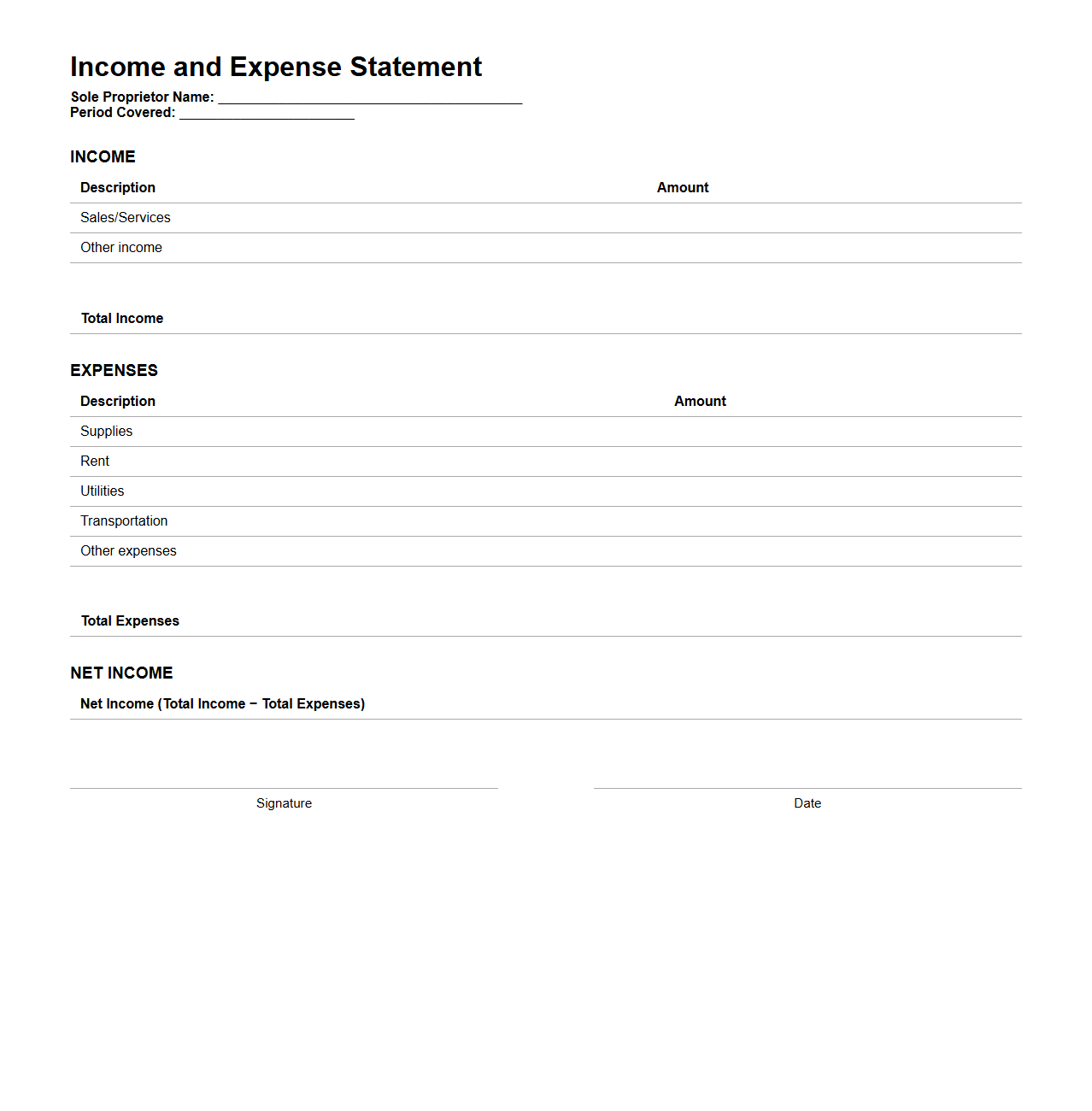 Basic Income and Expense Statement for Sole Proprietor