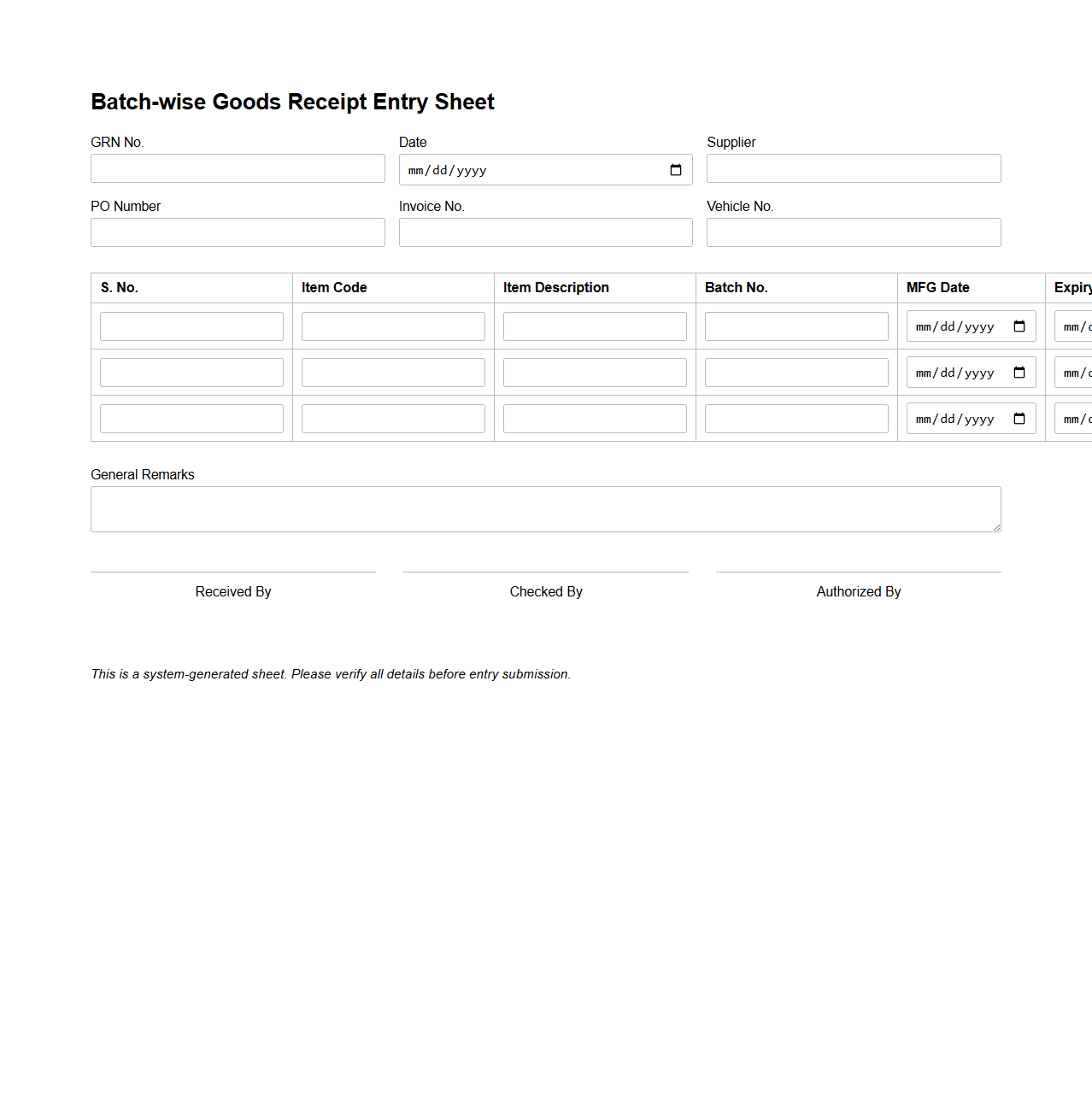 Batch-wise Goods Receipt Entry Sheet