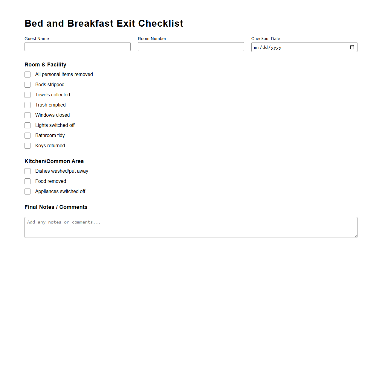 Bed and Breakfast Exit Checklist Format