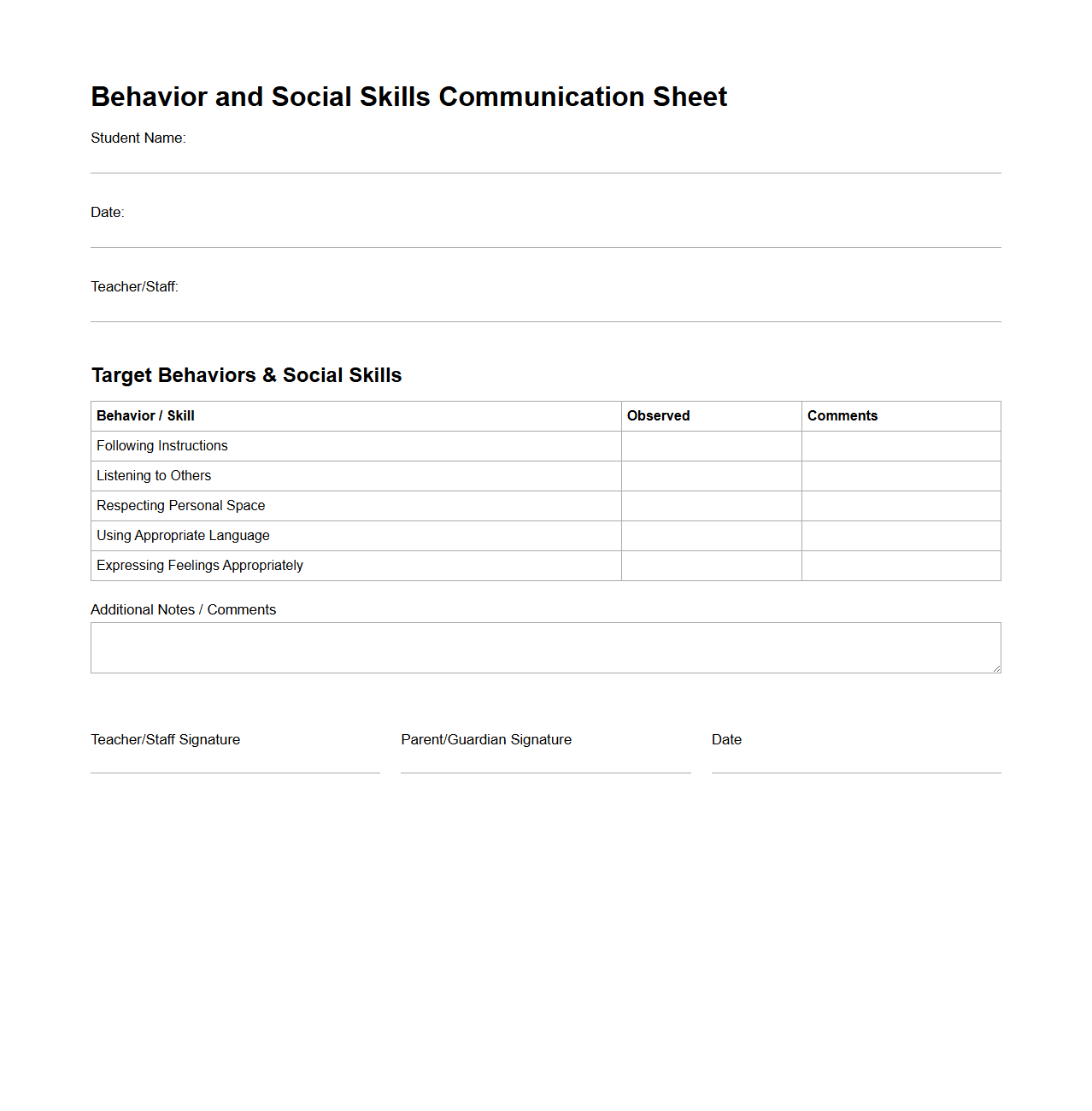 Behavior and Social Skills Communication Sheet