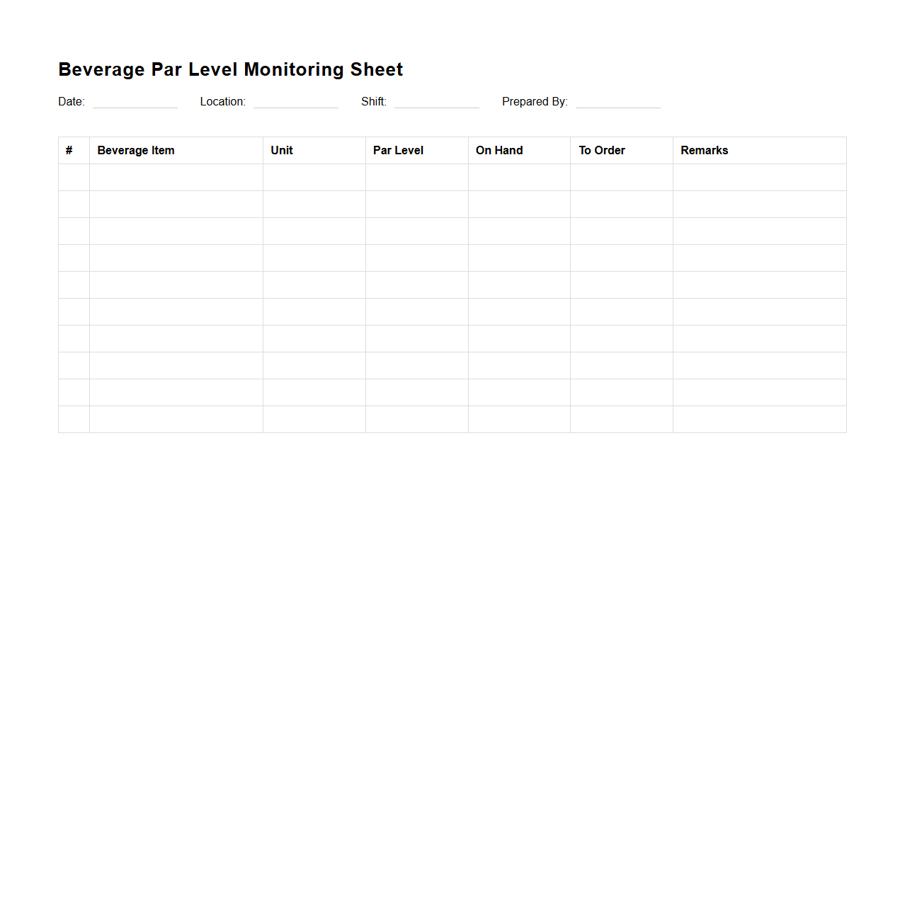 Beverage Par Level Monitoring Sheet