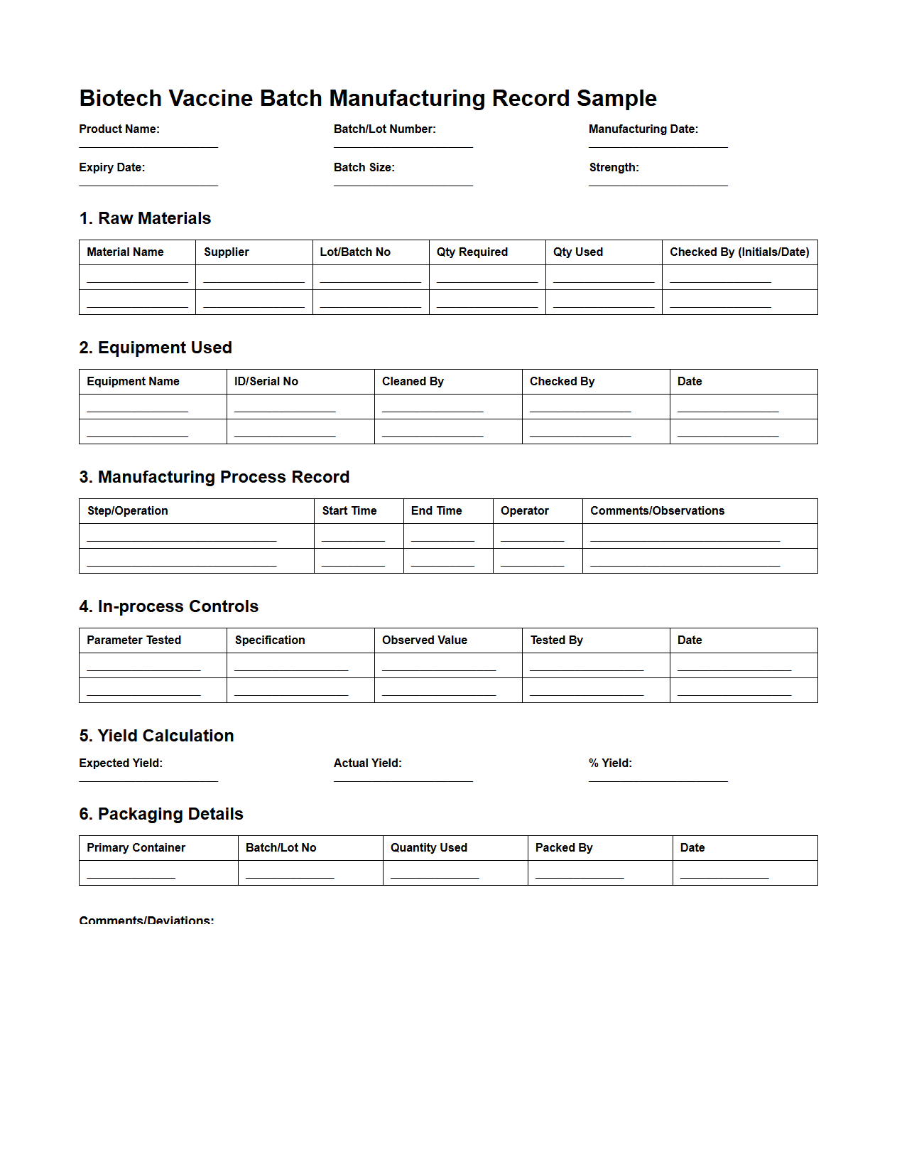Biotech Vaccine Batch Manufacturing Record Sample