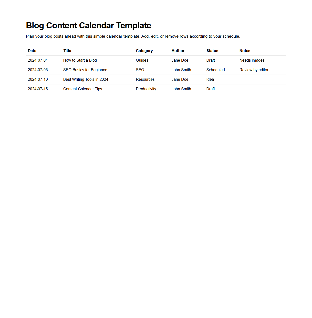 Blog Content Calendar Template