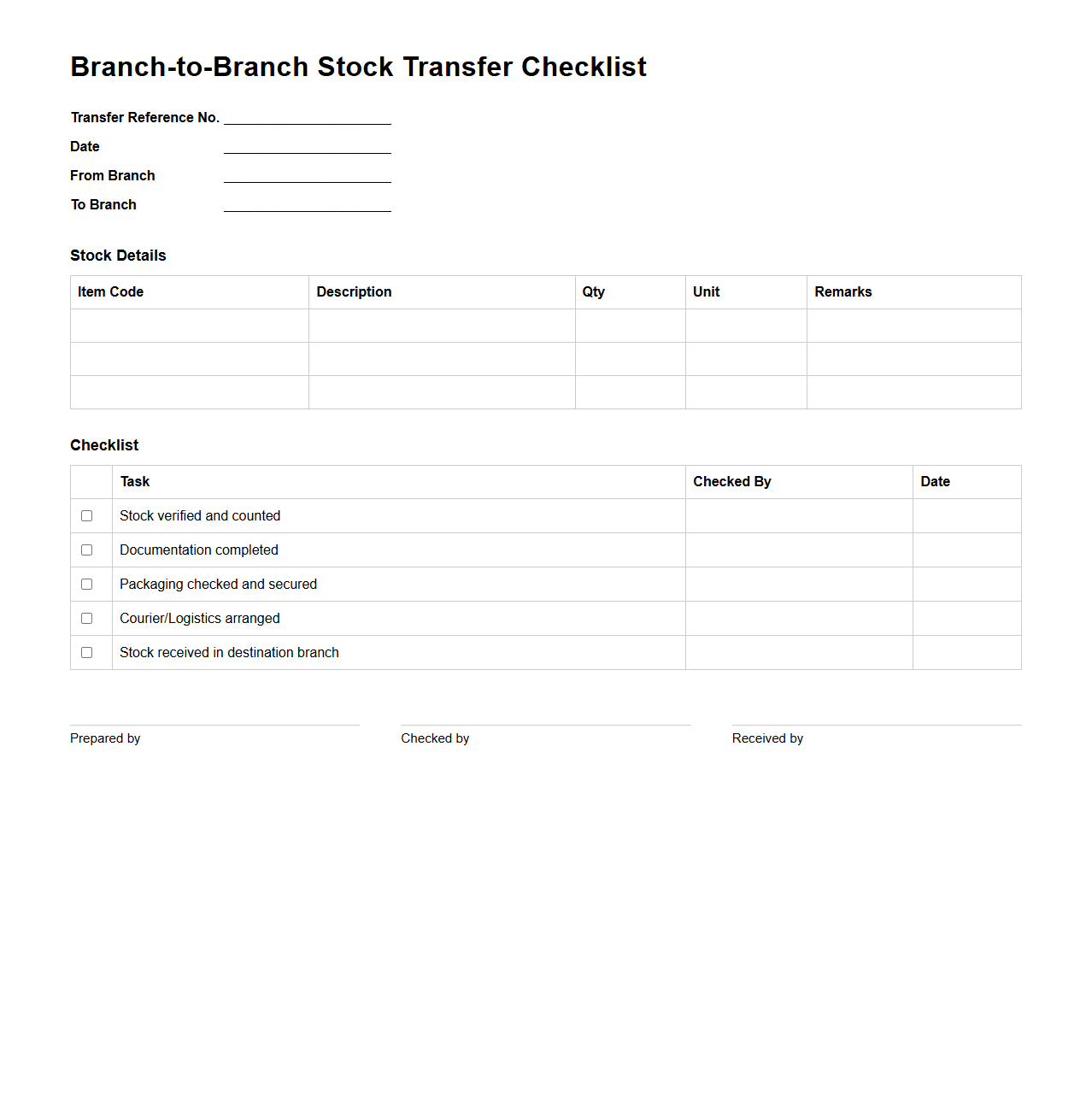 Branch-to-Branch Stock Transfer Checklist