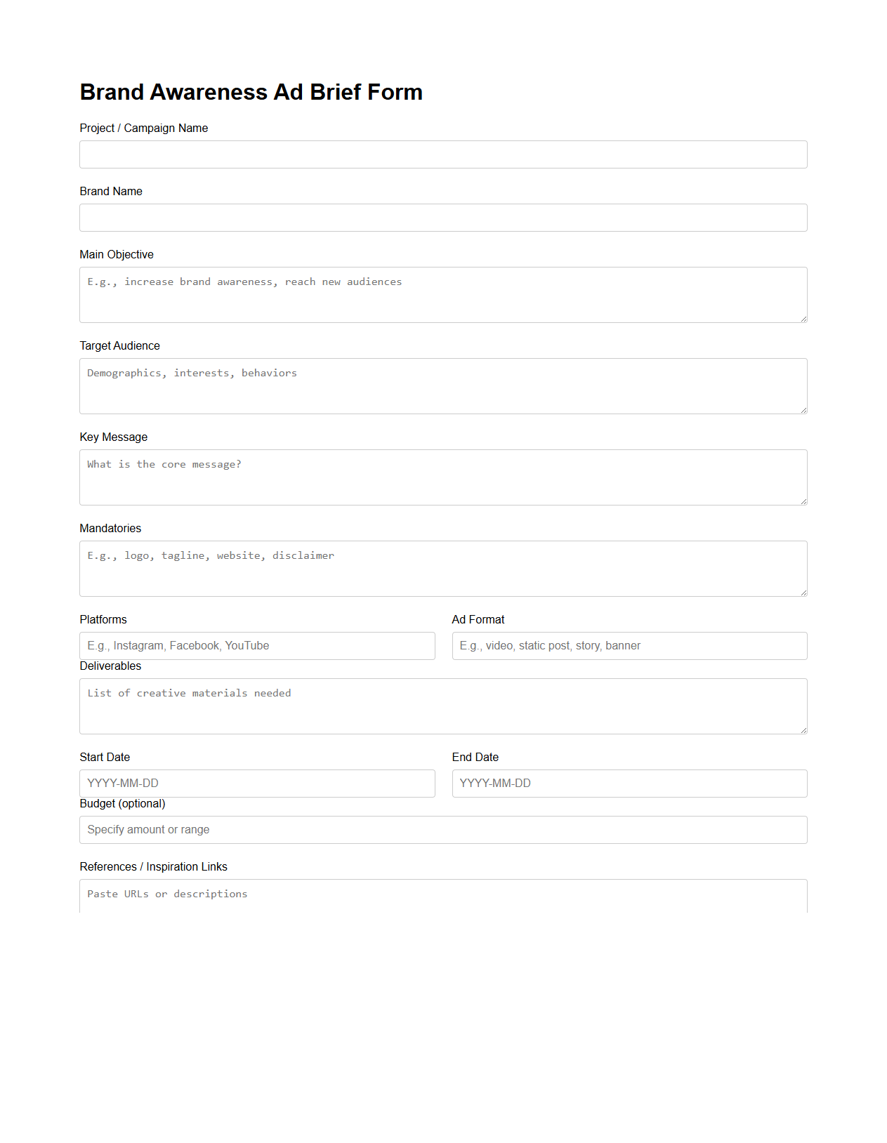 Brand Awareness Ad Brief Form for Creative Teams