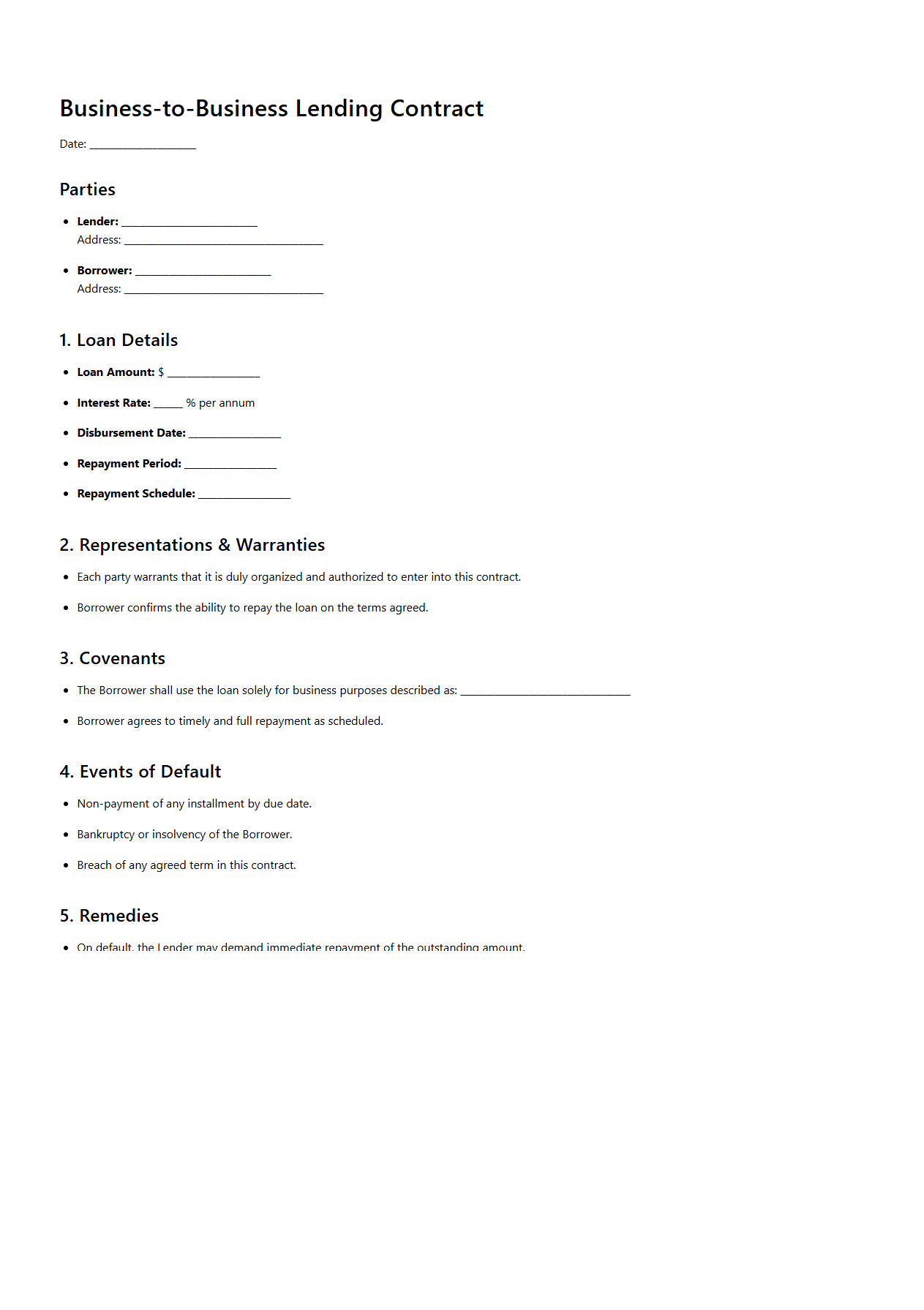Business-to-Business Lending Contract Example