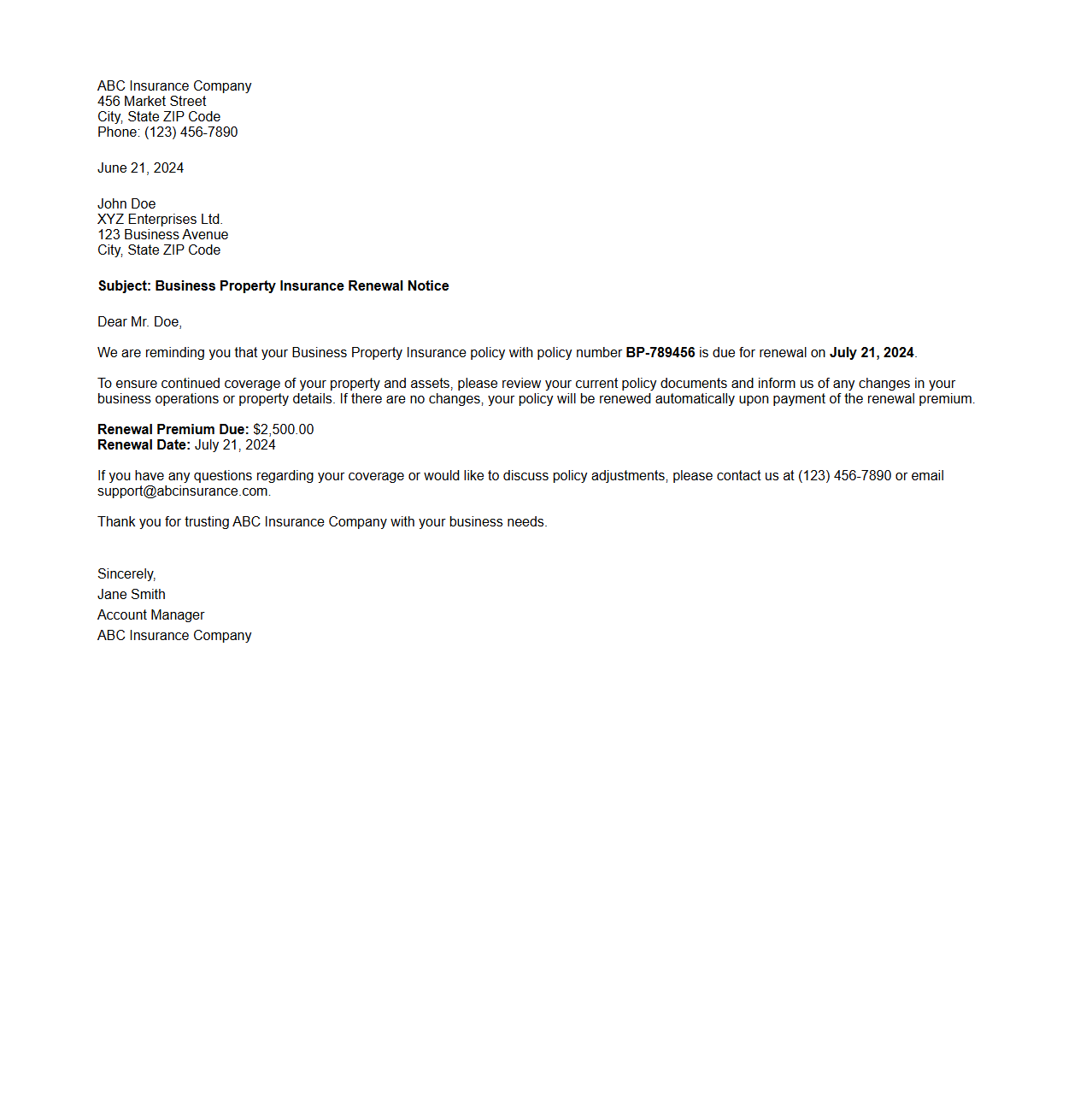 Business Property Insurance Renewal Letter Example
