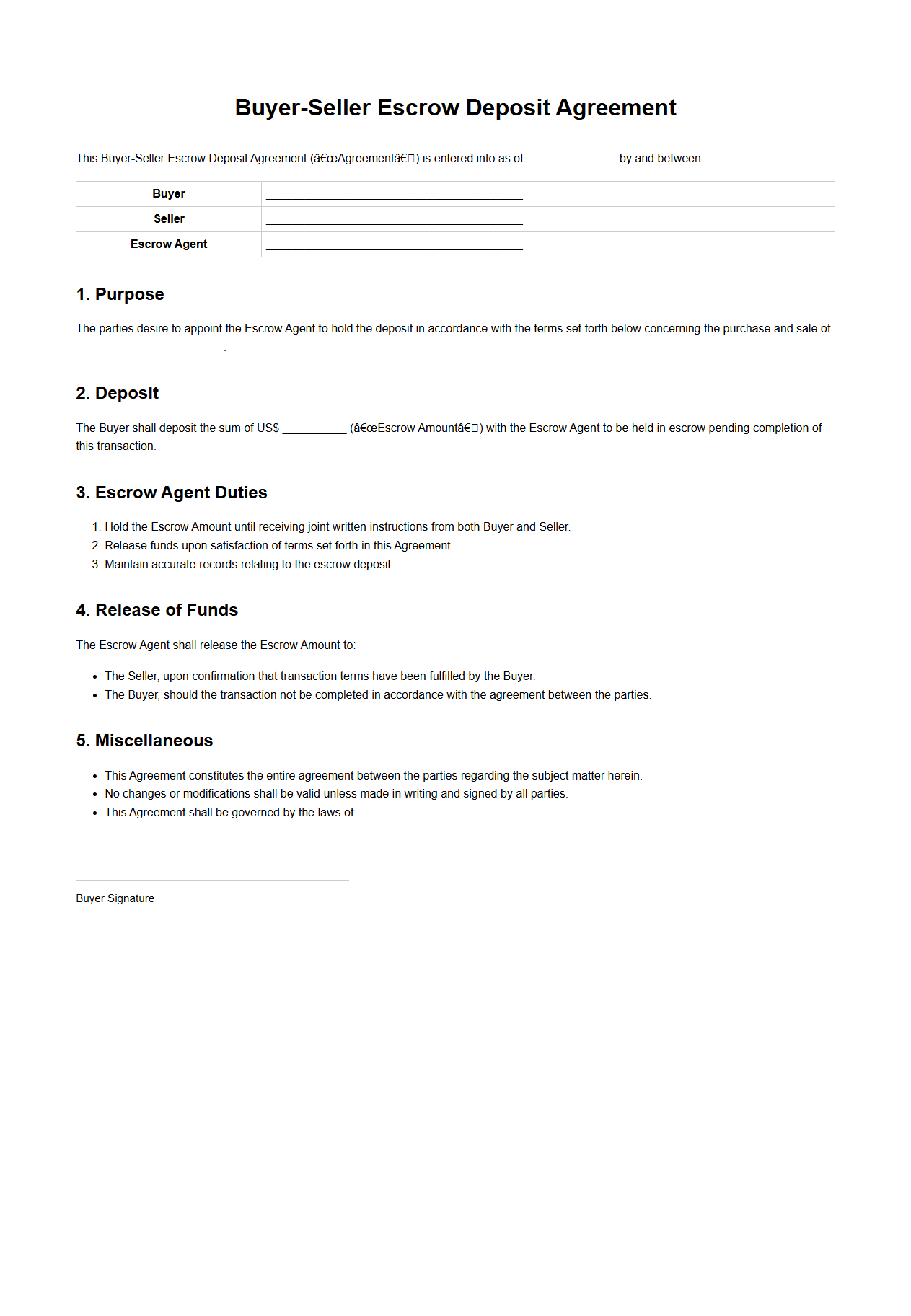 Buyer-Seller Escrow Deposit Agreement Format