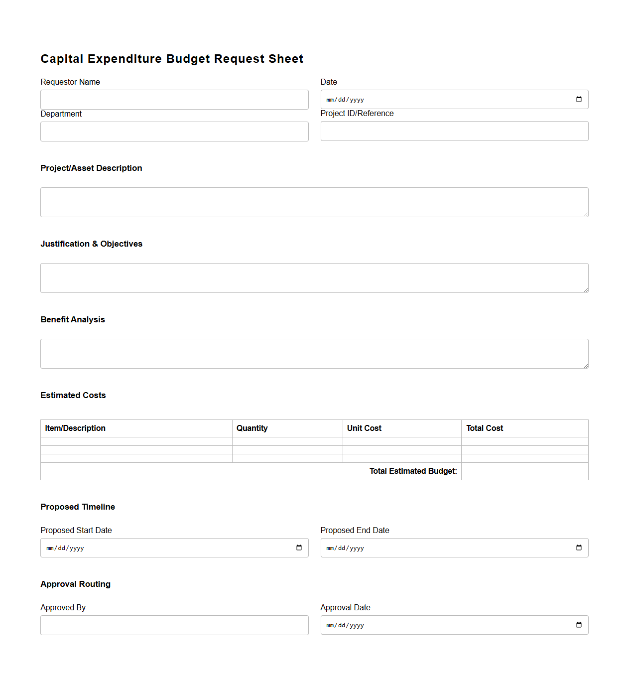 Capital Expenditure Budget Request Sheet