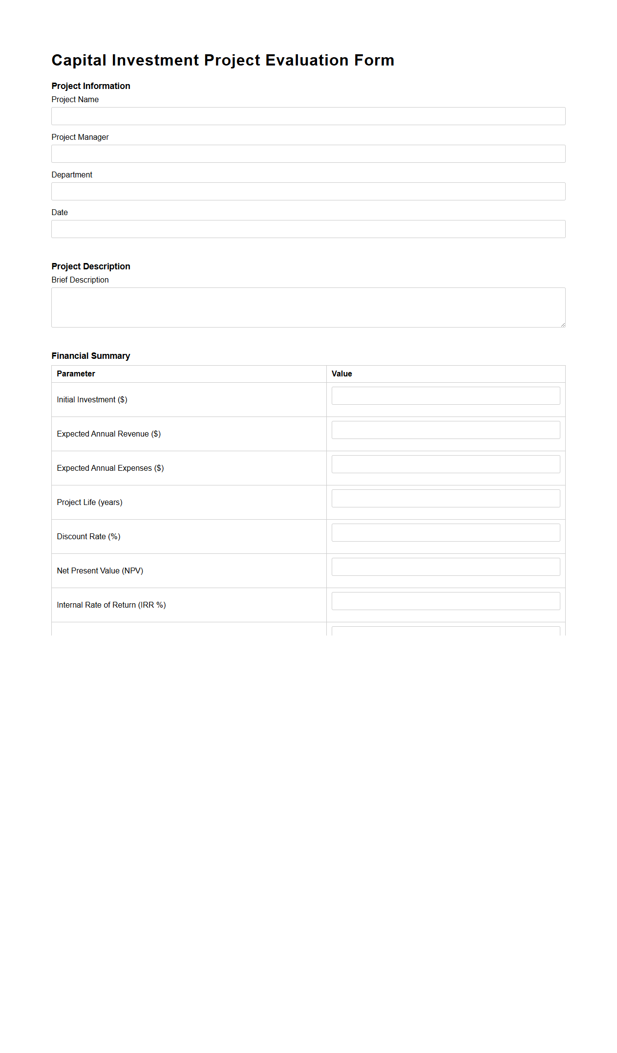 Capital Investment Project Evaluation Form