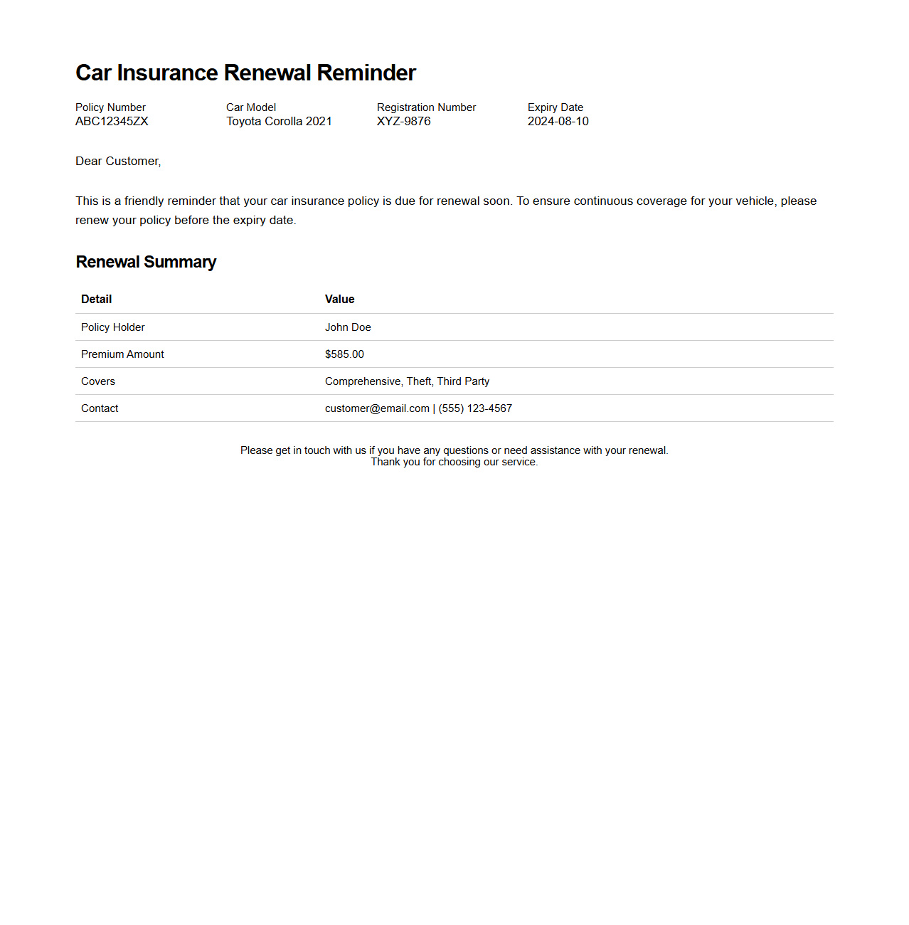 Car Insurance Renewal Reminder Example