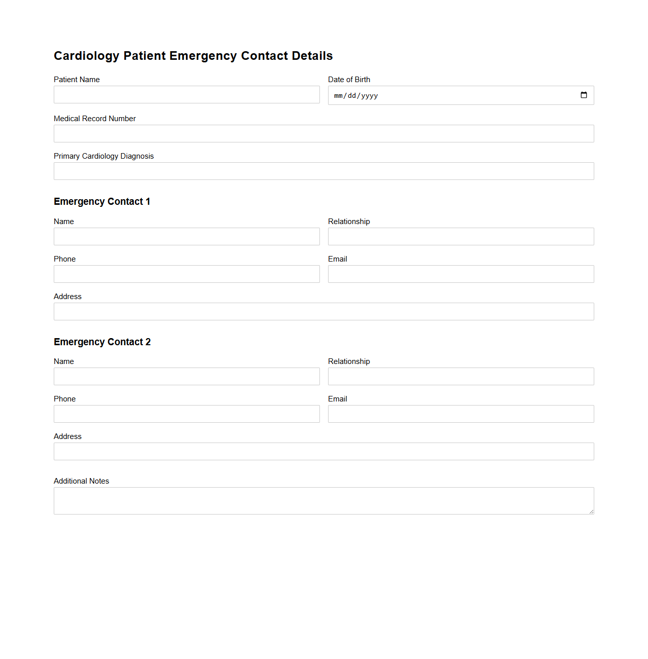 Cardiology Patient Emergency Contact Details Template