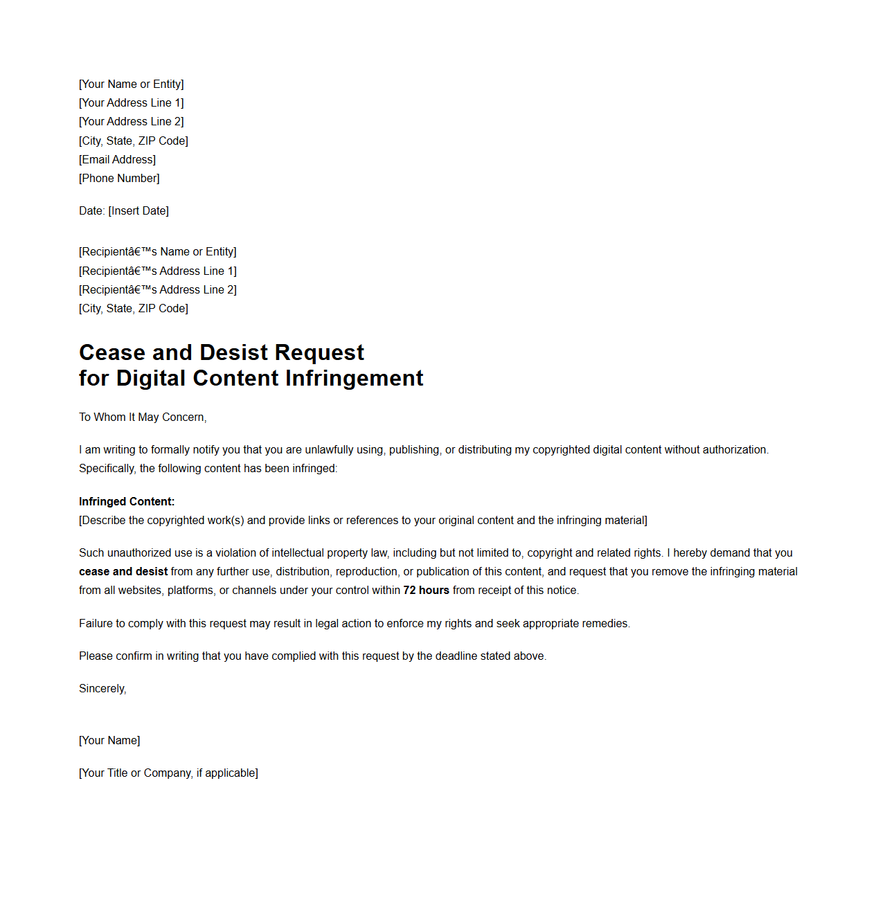 Cease and Desist Request for Digital Content Infringement