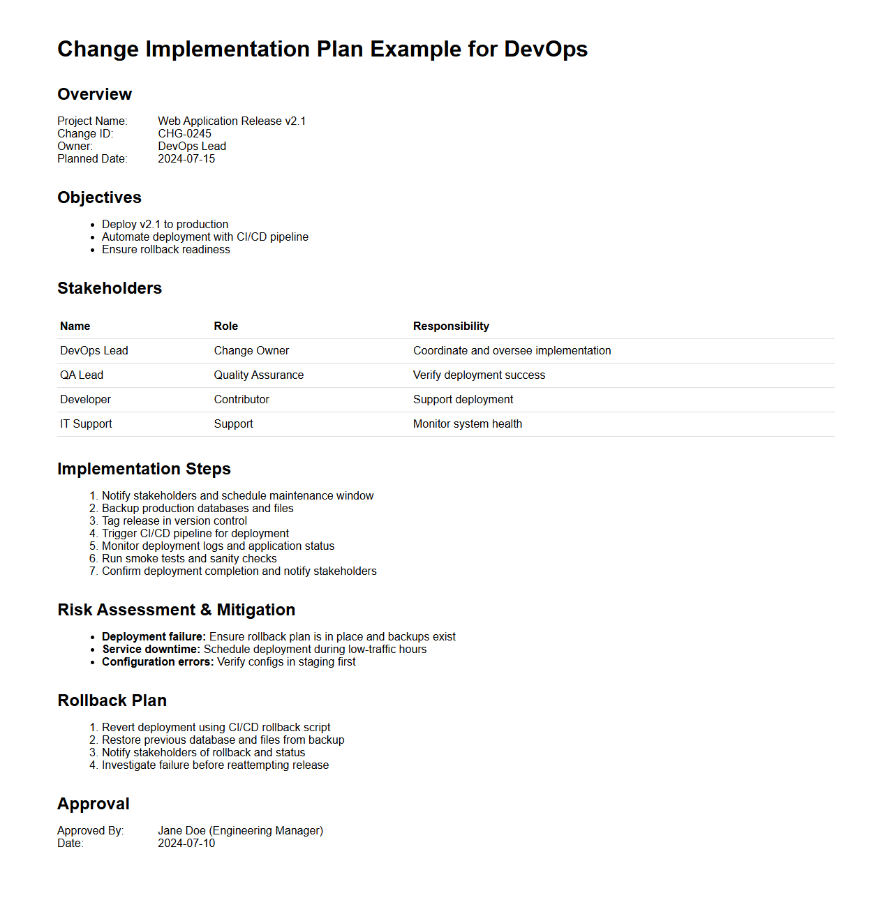 Change Implementation Plan Example for DevOps