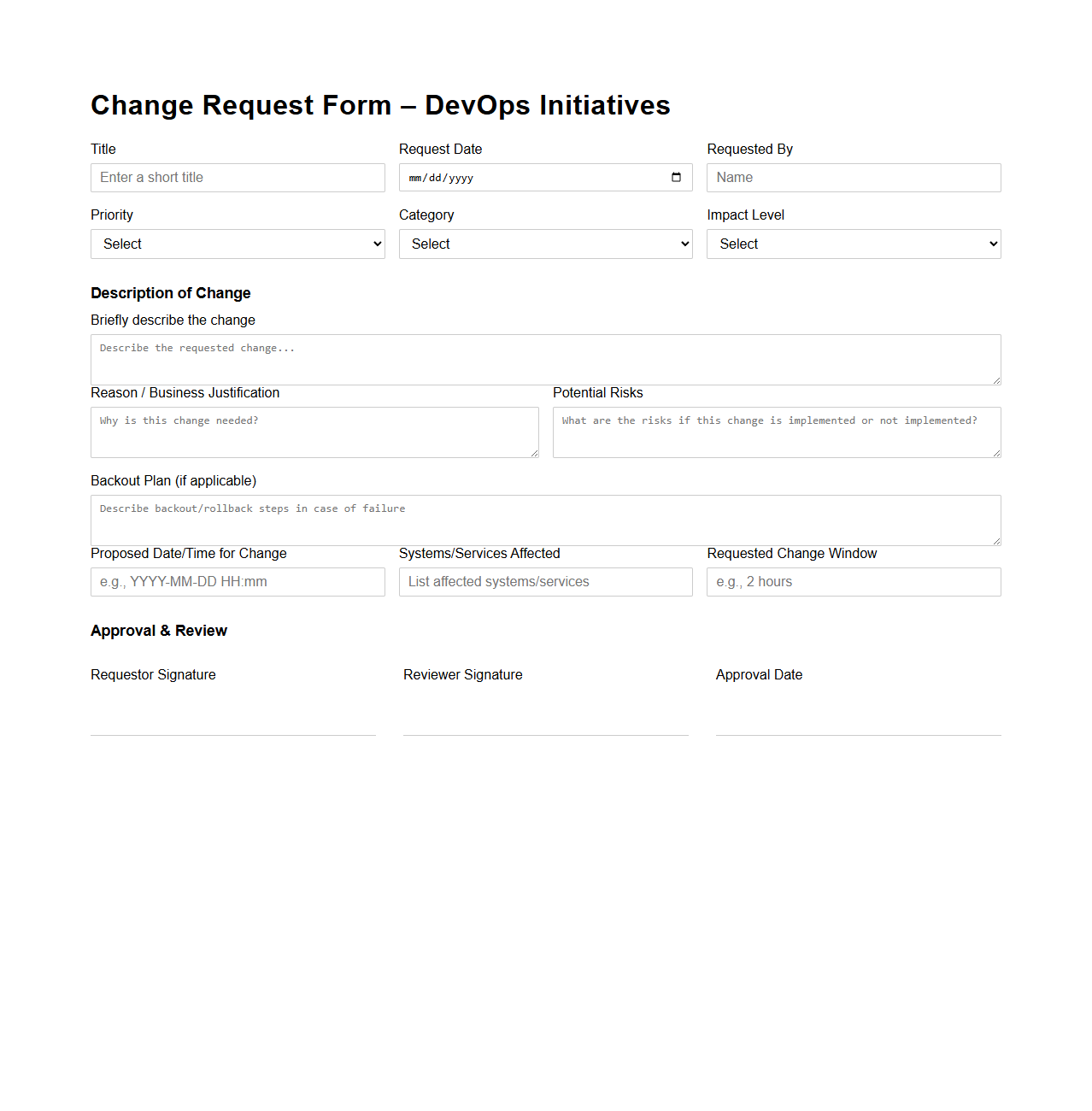 Change Request Form Template for DevOps Initiatives
