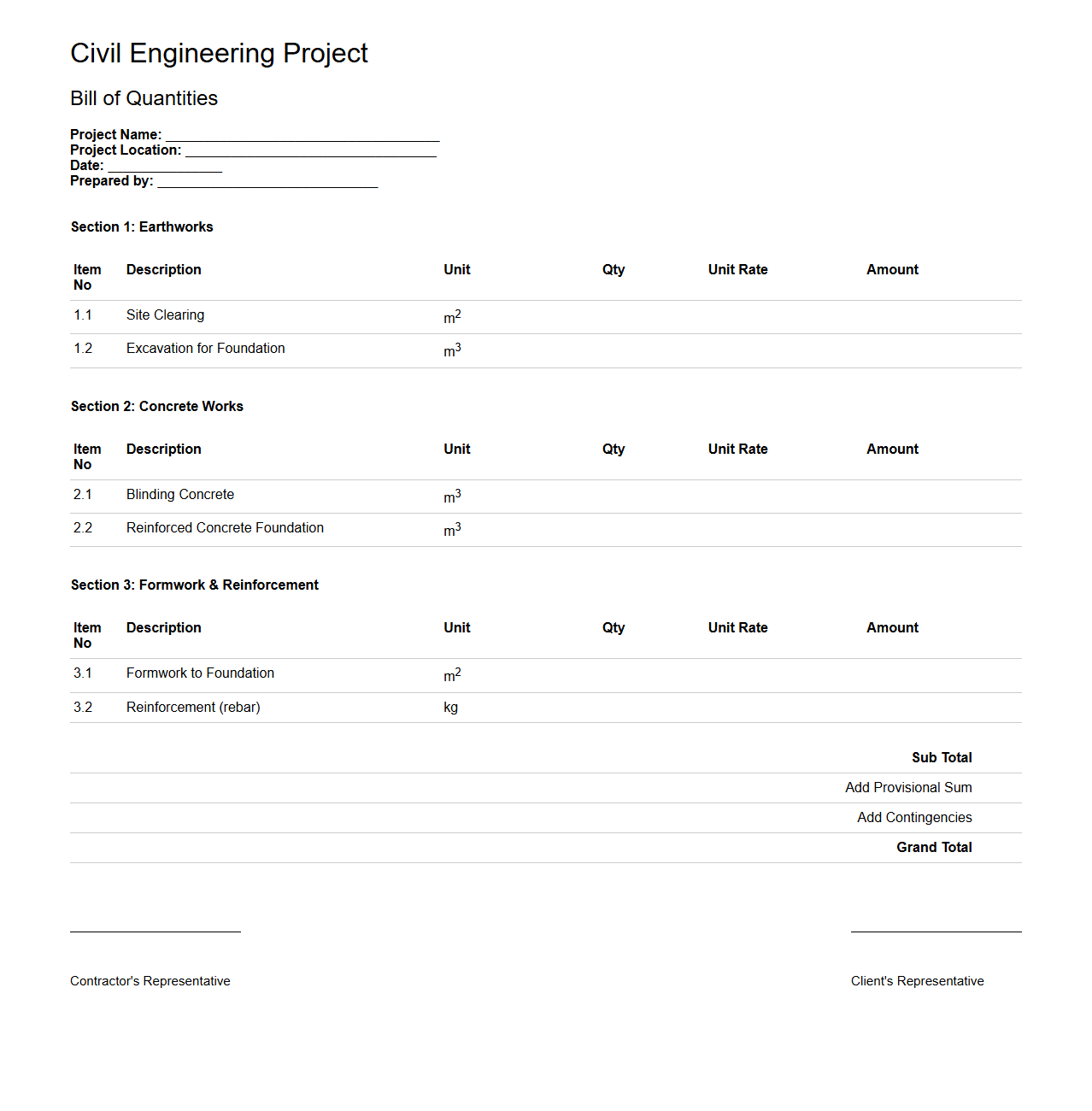 Civil Engineering Project Bill of Quantities