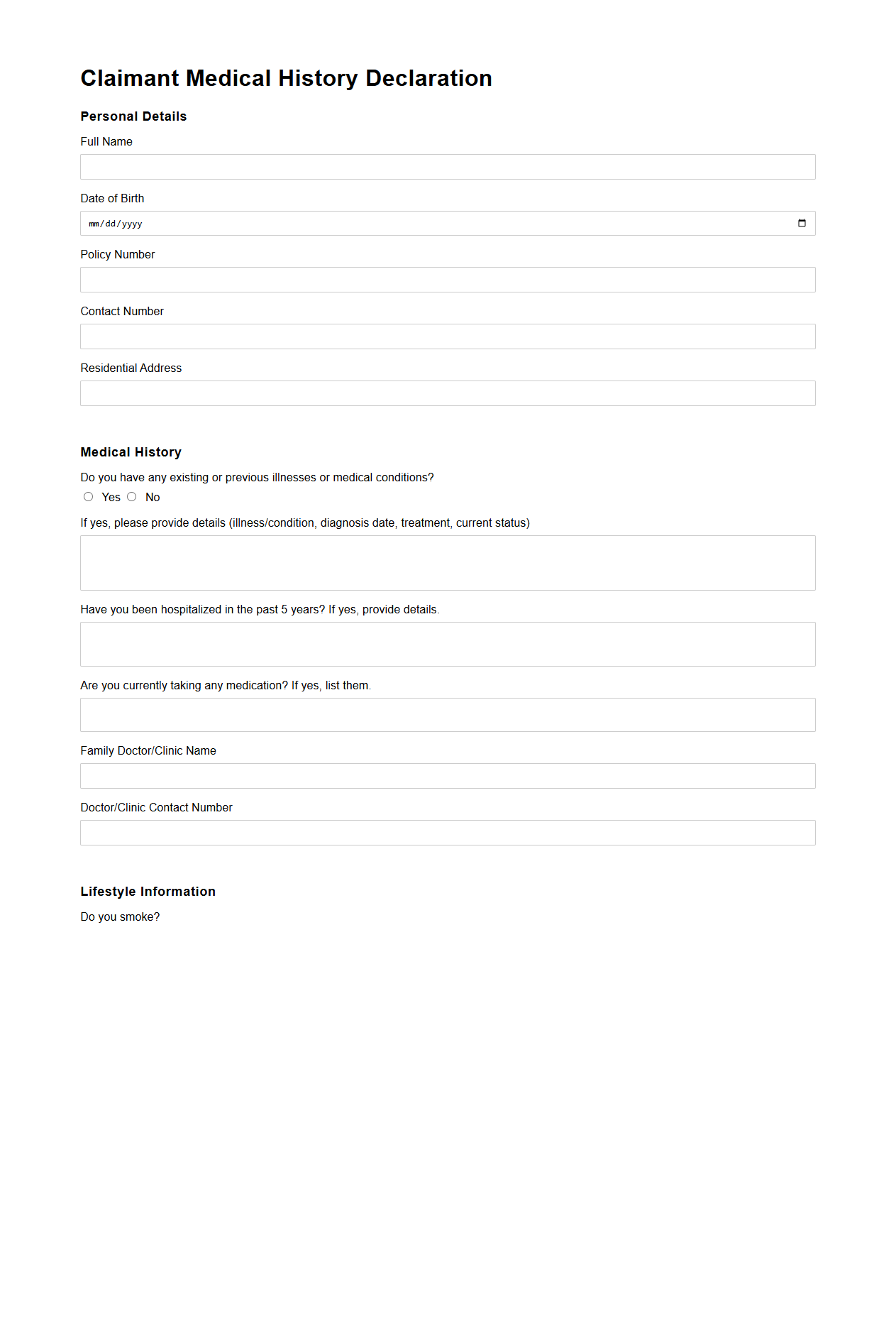 Claimant Medical History Declaration for Insurer