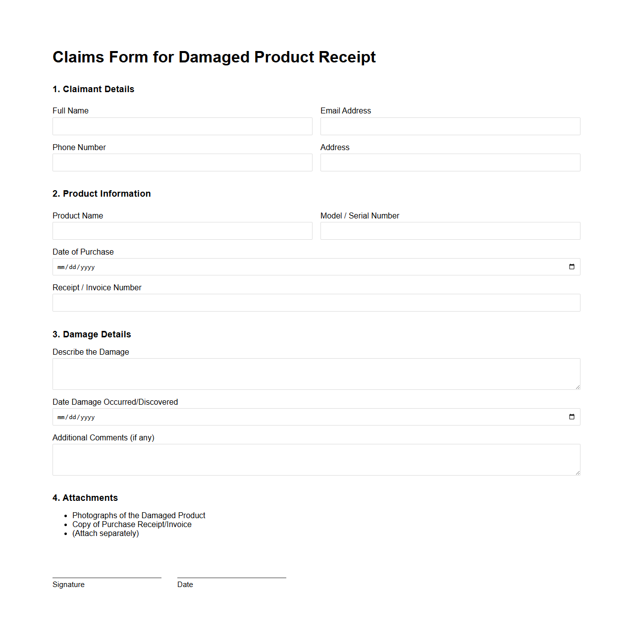 Claims Form Template for Damaged Product Receipt