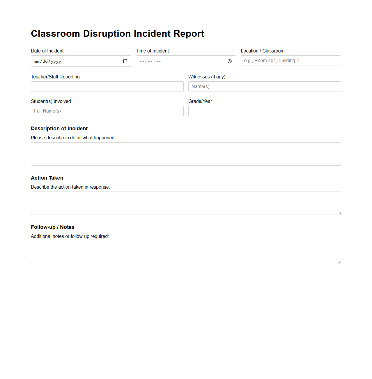 Classroom Disruption Incident Report Template