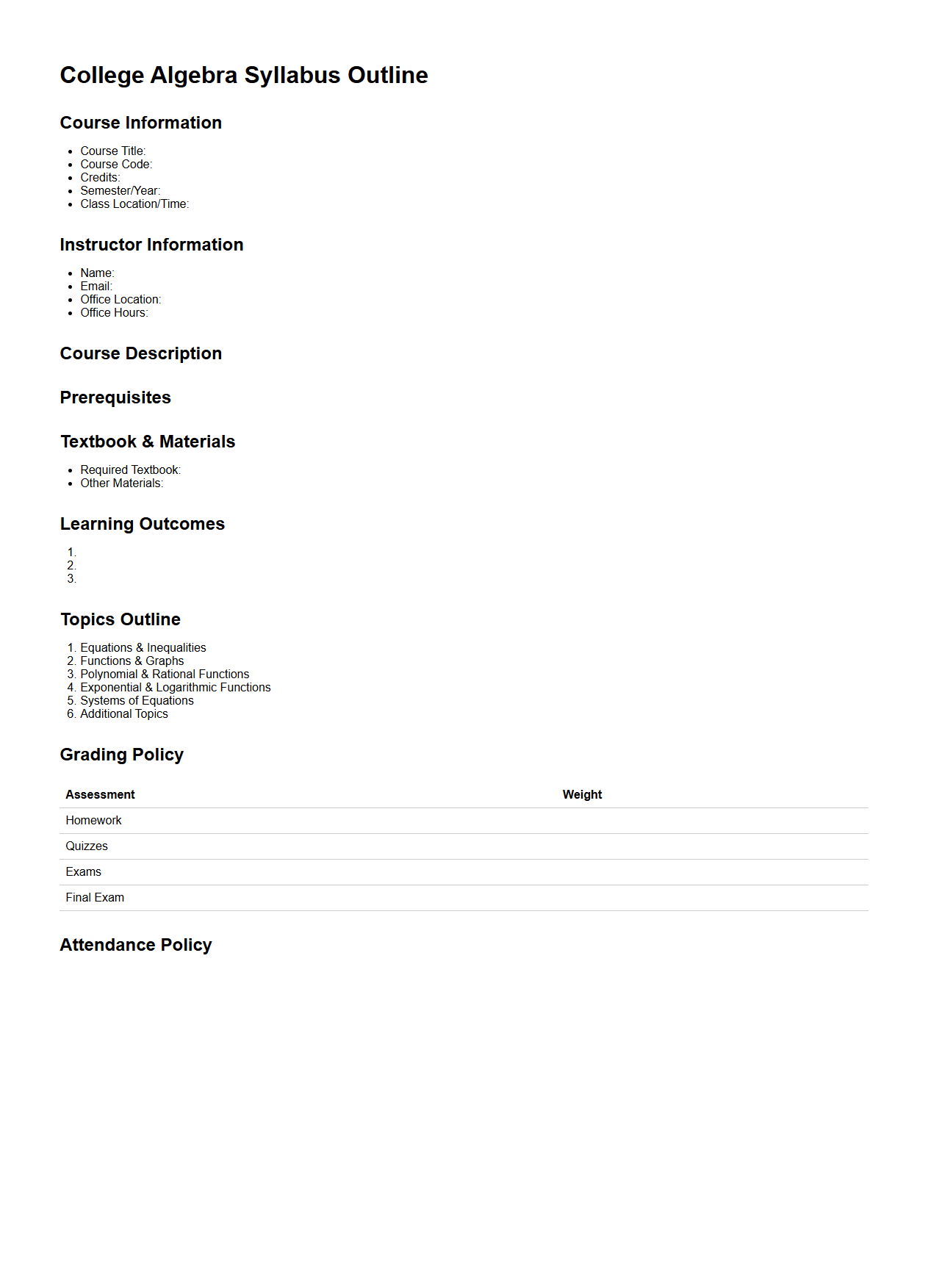 College Algebra Syllabus Outline Model