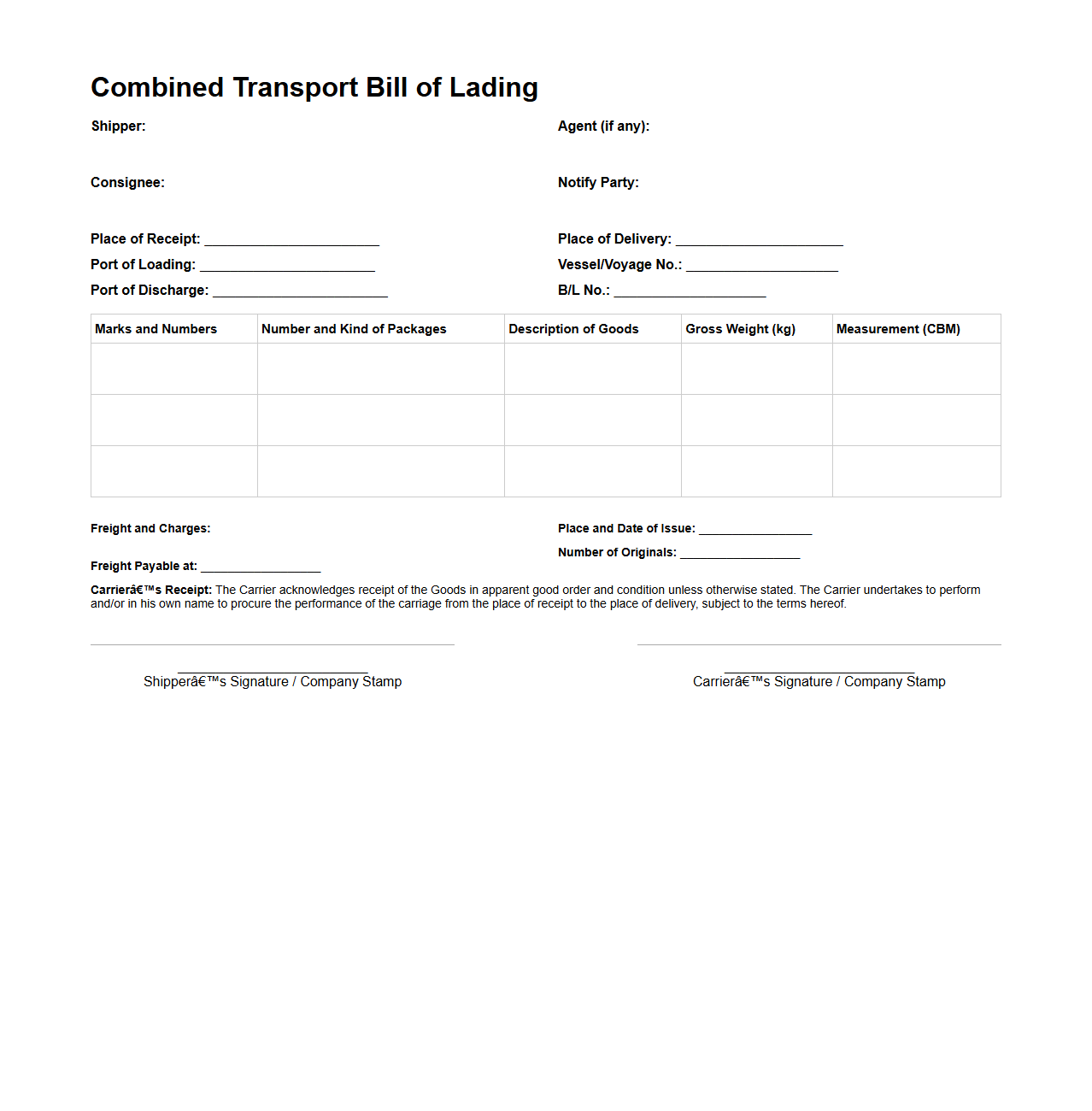Combined Transport Bill of Lading Template