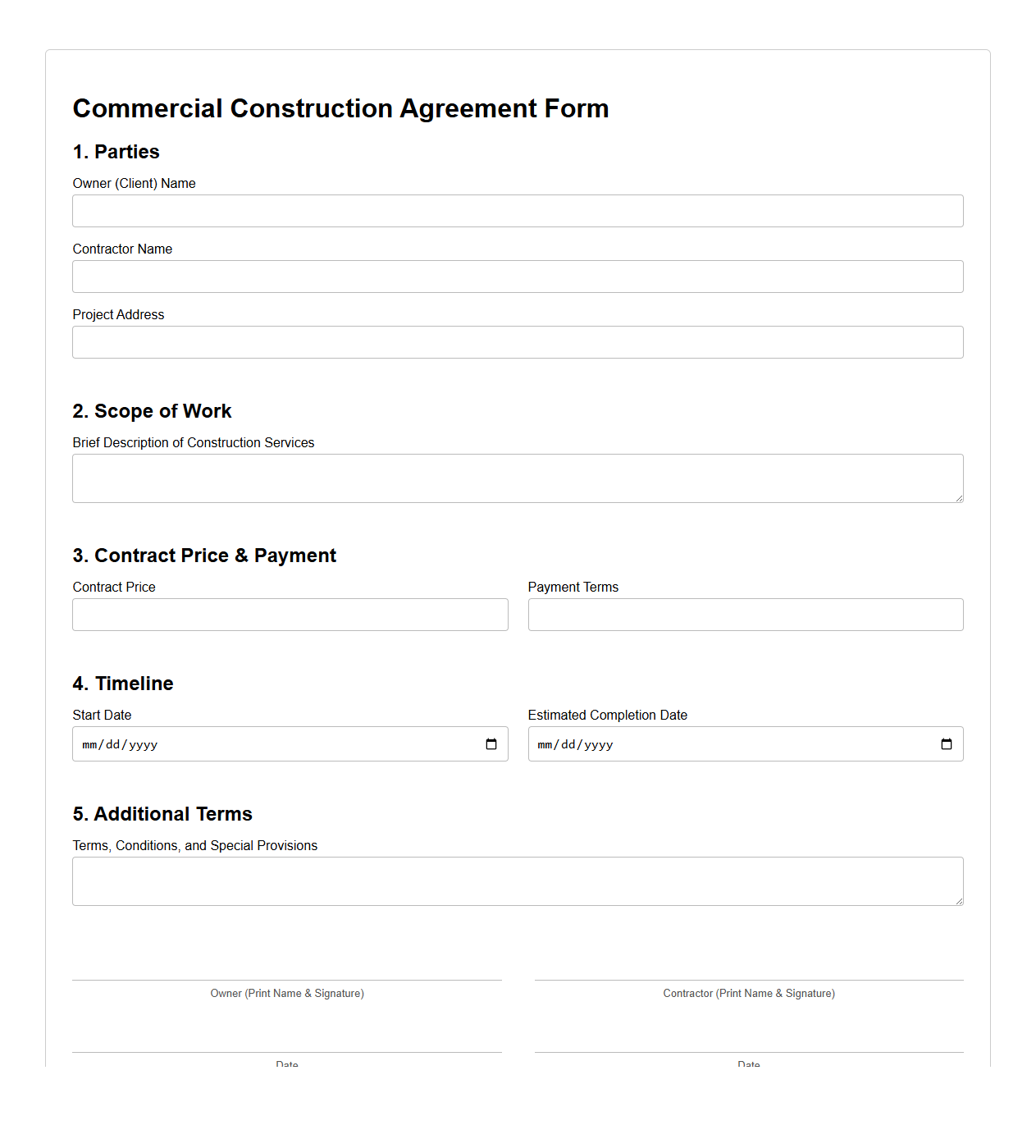 Commercial Construction Agreement Form
