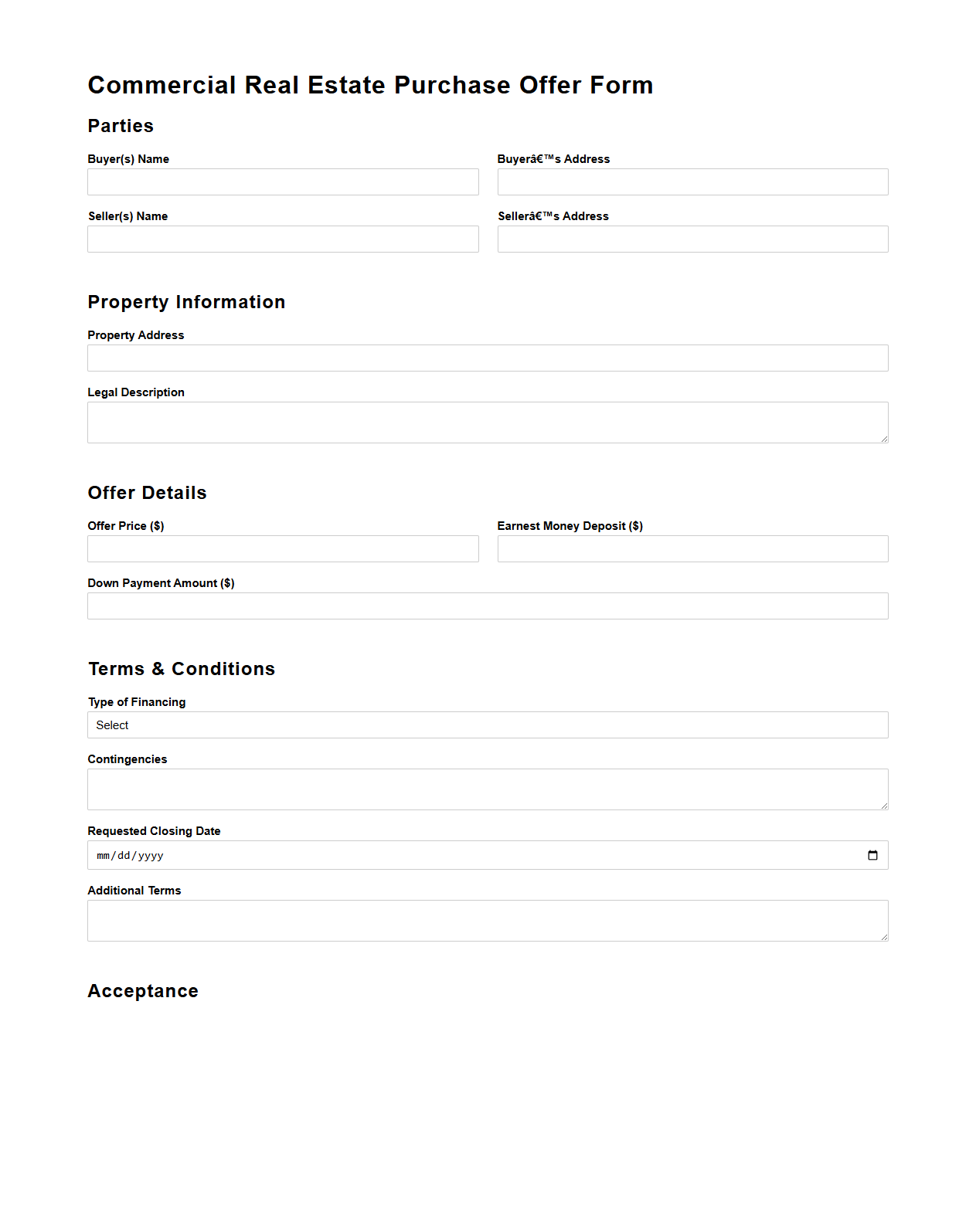 Commercial Real Estate Purchase Offer Form Example