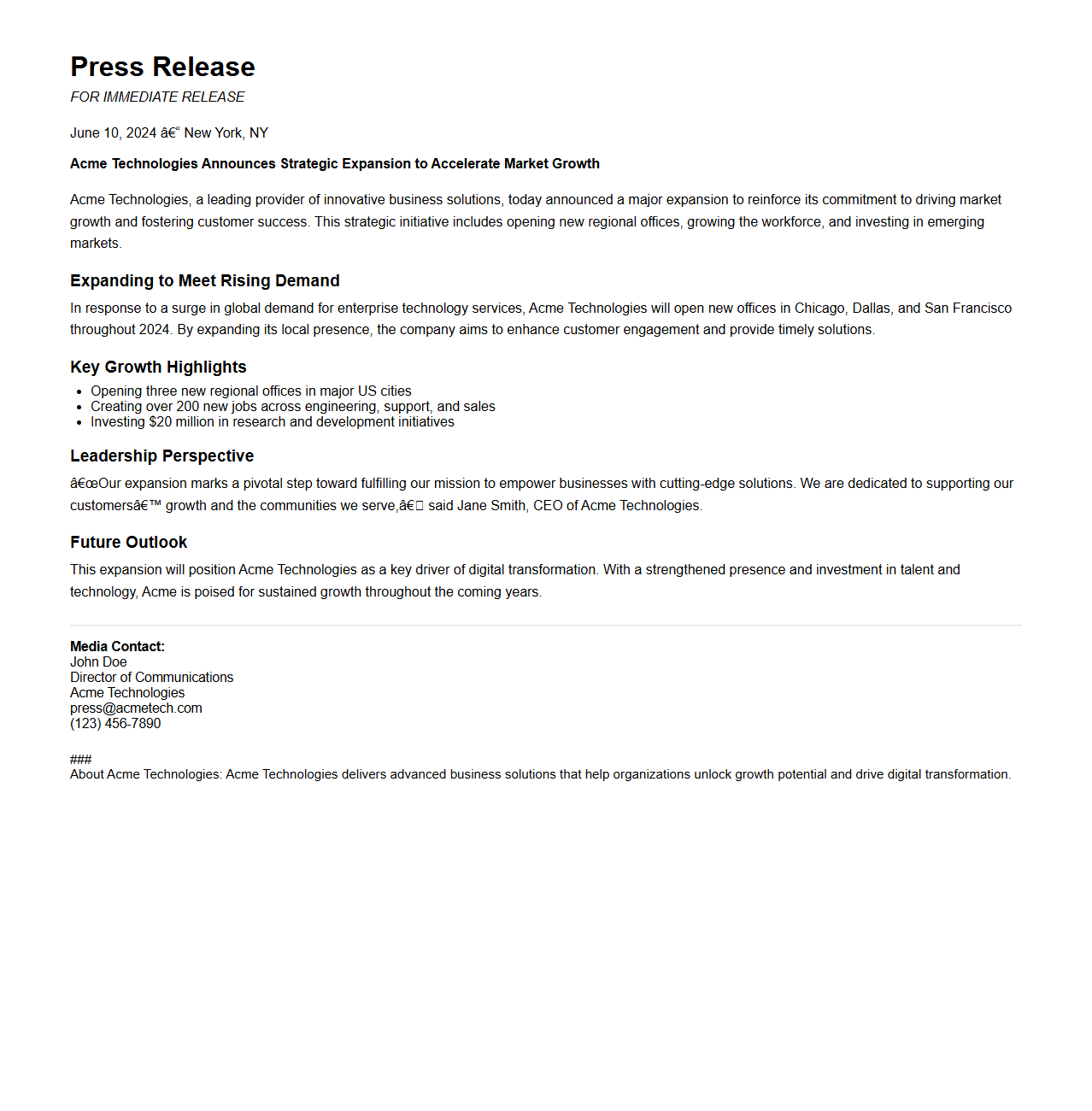 Company Expansion Press Release Example for Market Growth