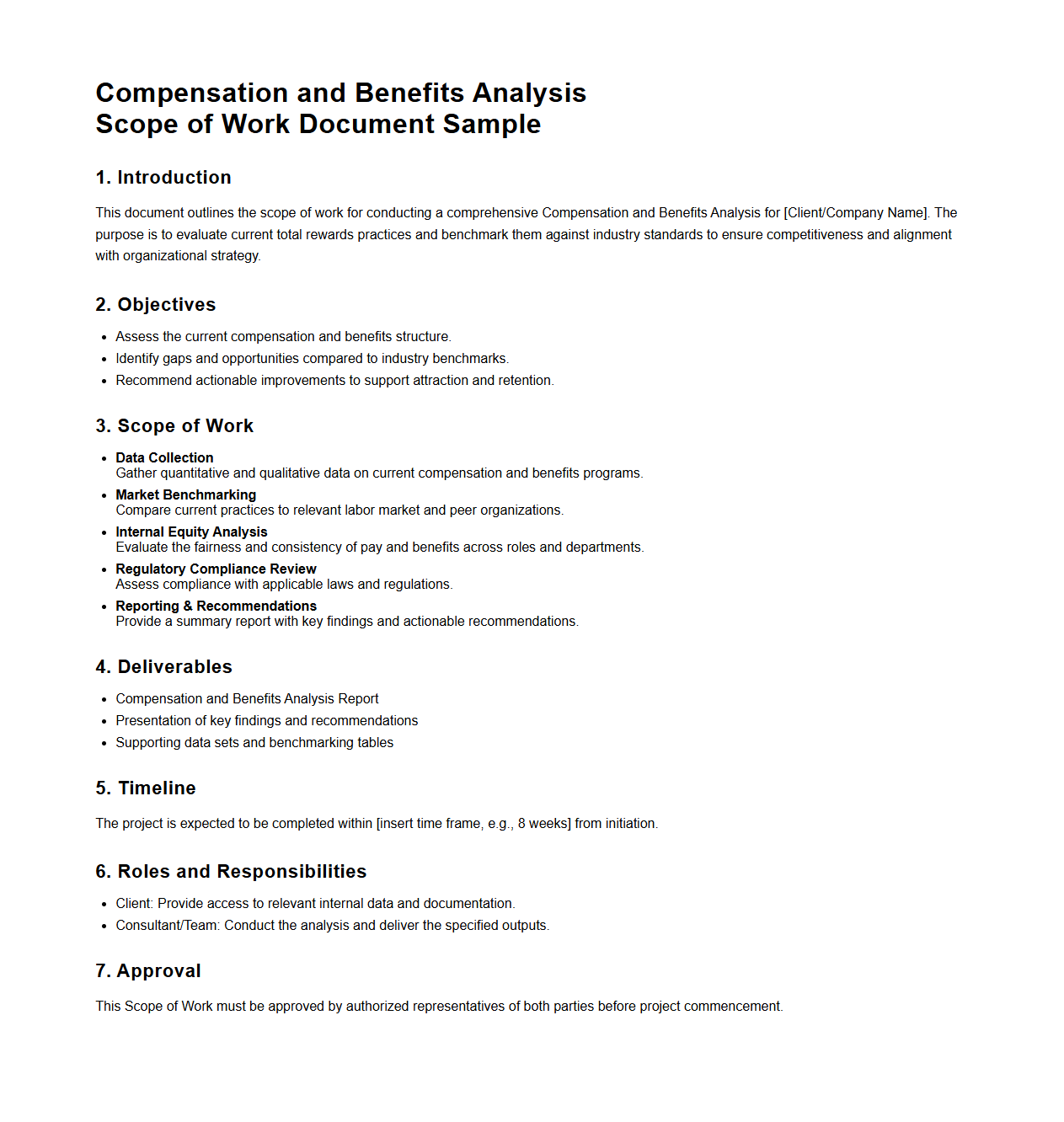 Compensation and Benefits Analysis Scope of Work Document Sample