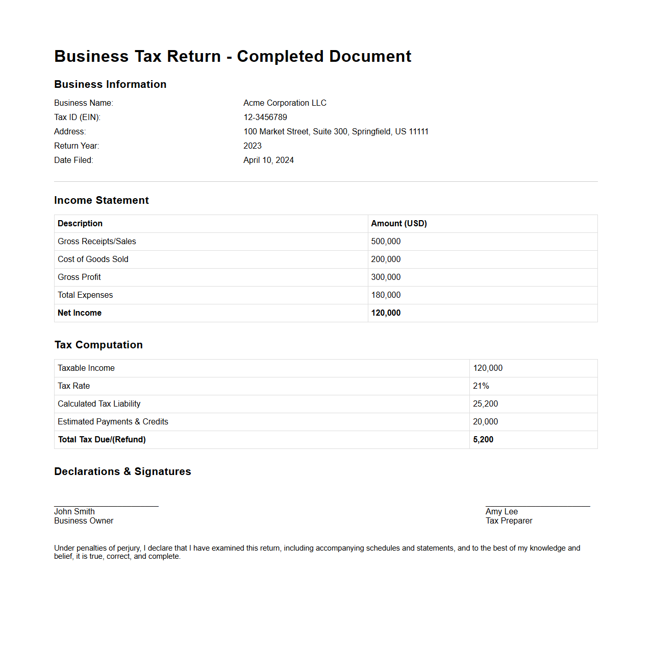 Completed Business Tax Return Document