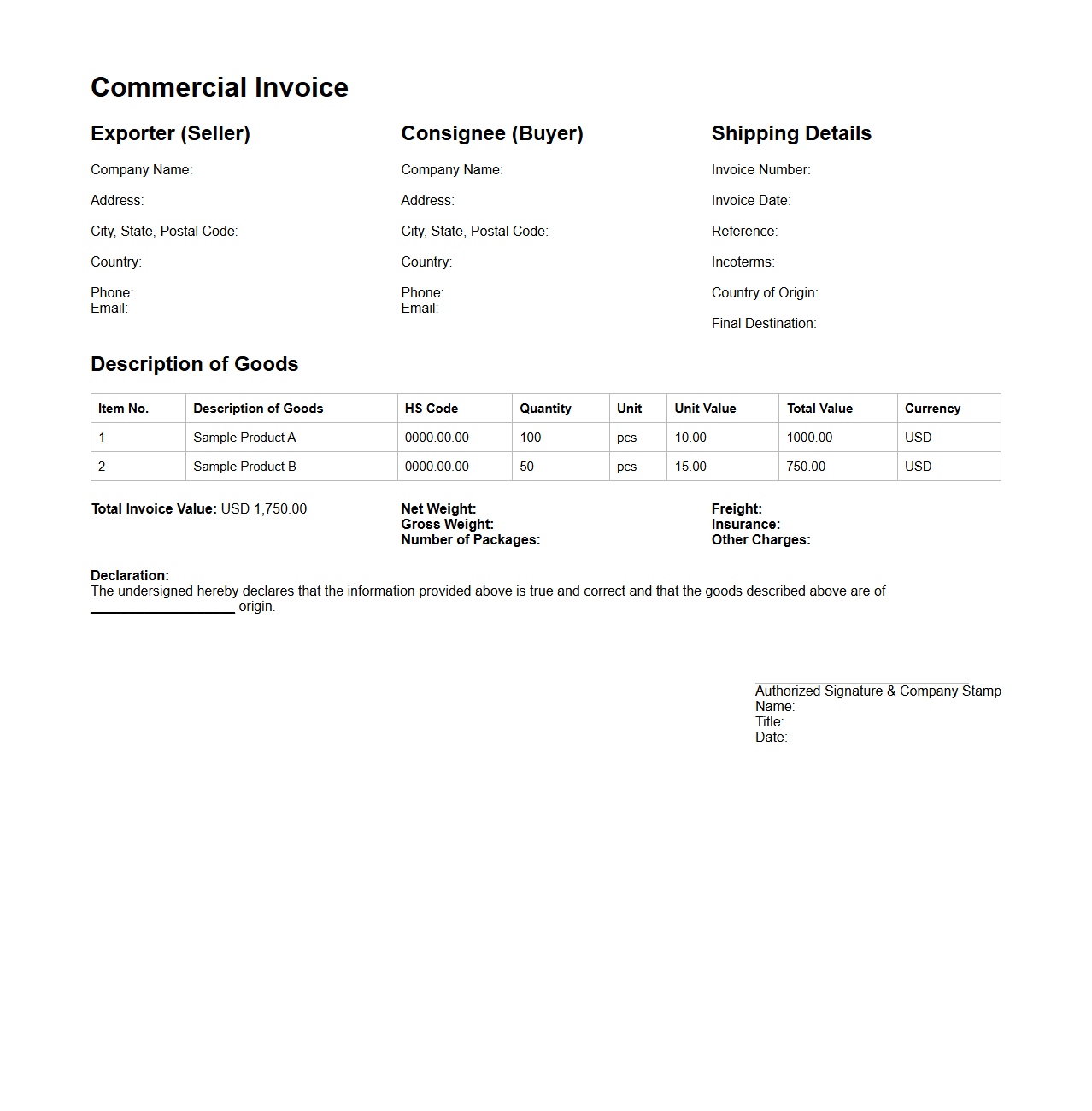 Completed Commercial Invoice Sample for Customs