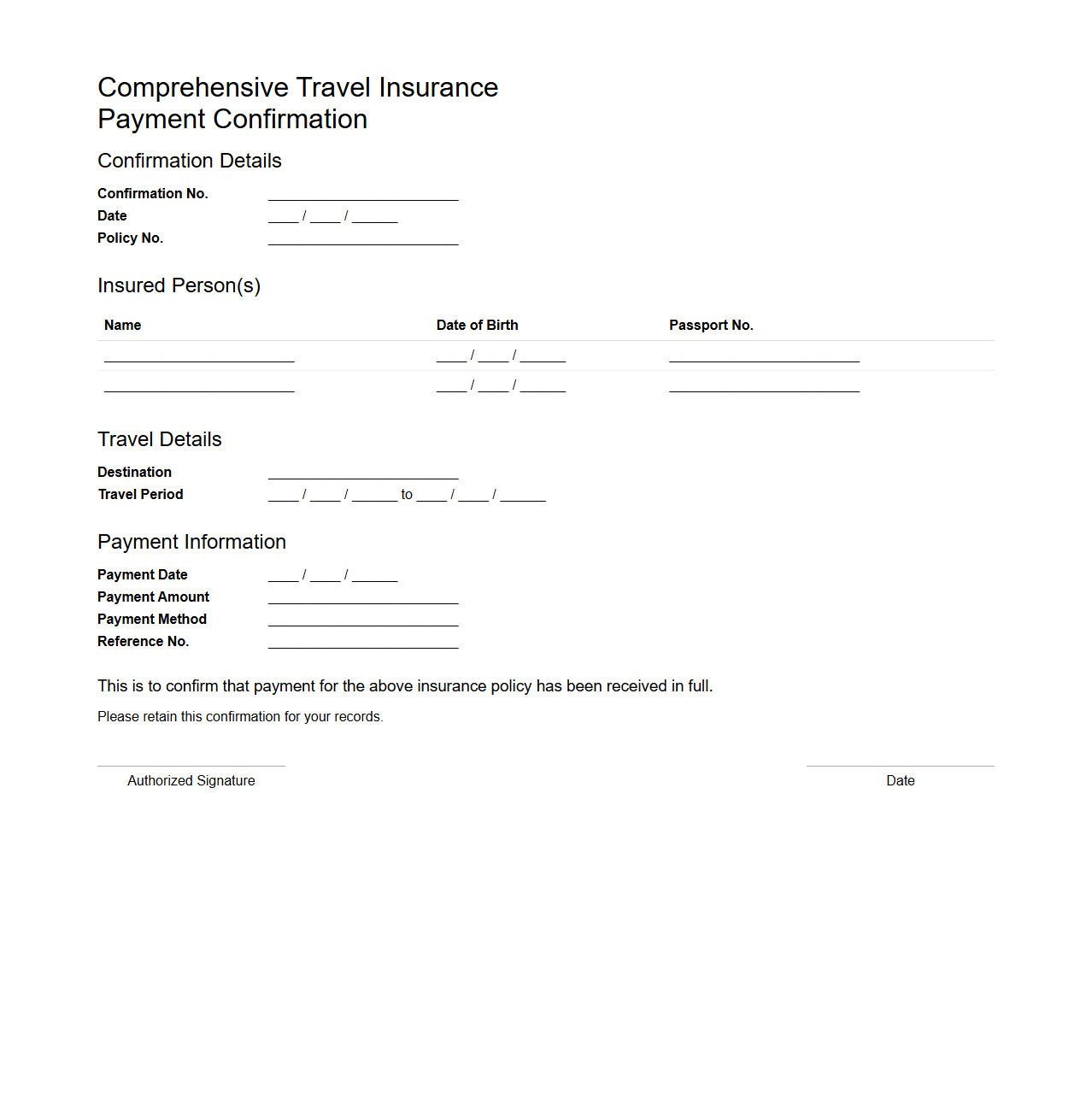Comprehensive Travel Insurance Payment Confirmation
