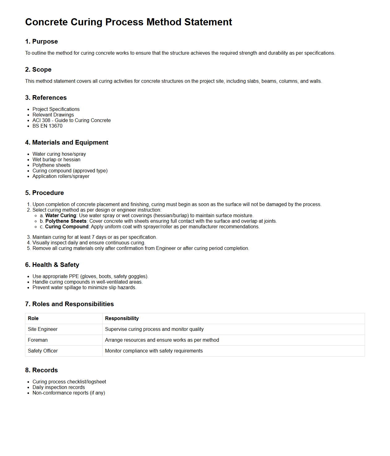 Concrete Curing Process Method Statement