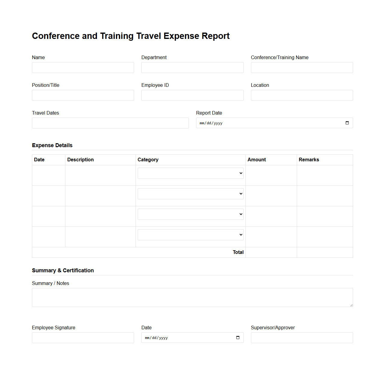 Conference and Training Travel Expense Report