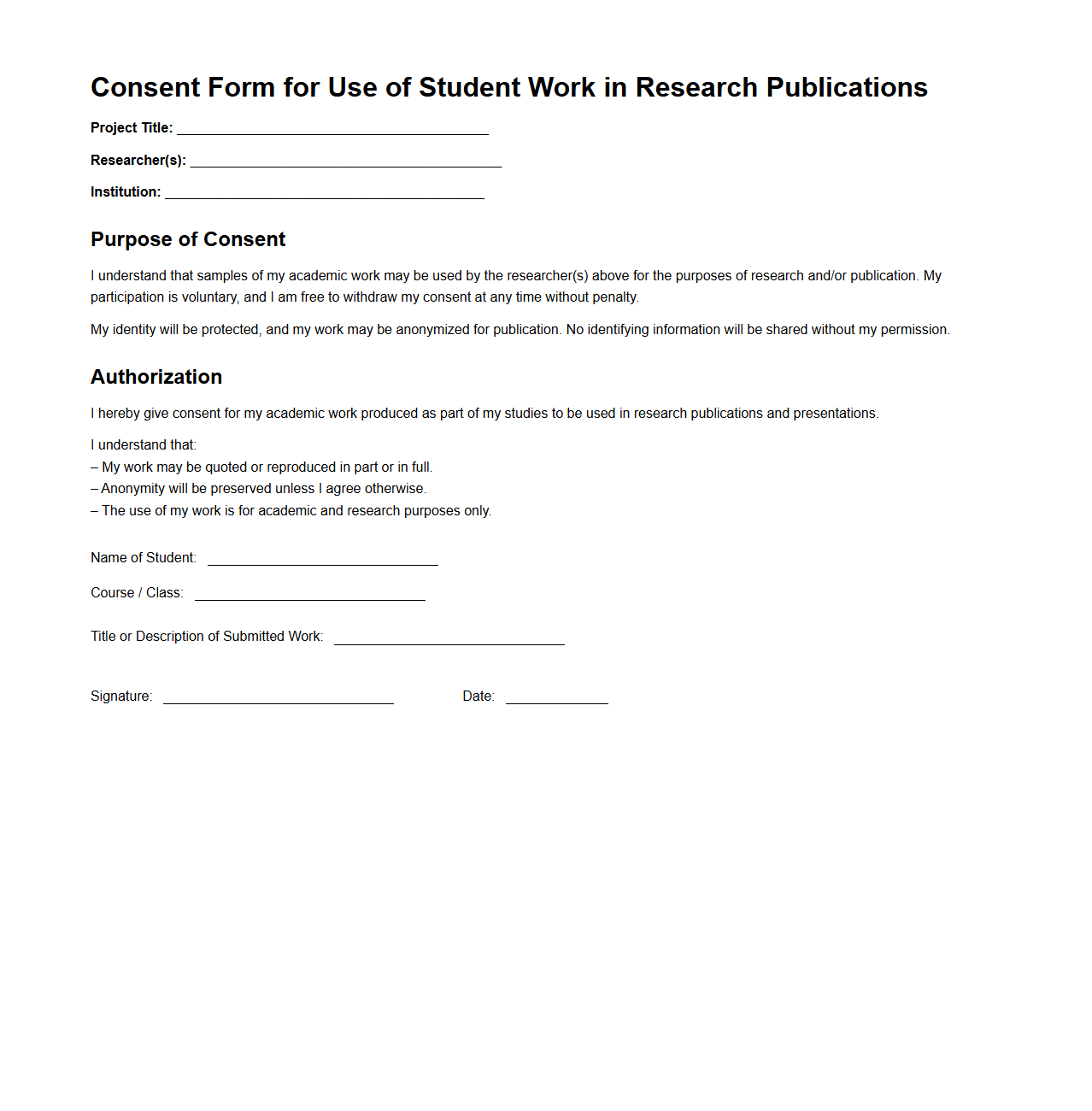 Consent Form for Use of Student Work in Research Publications