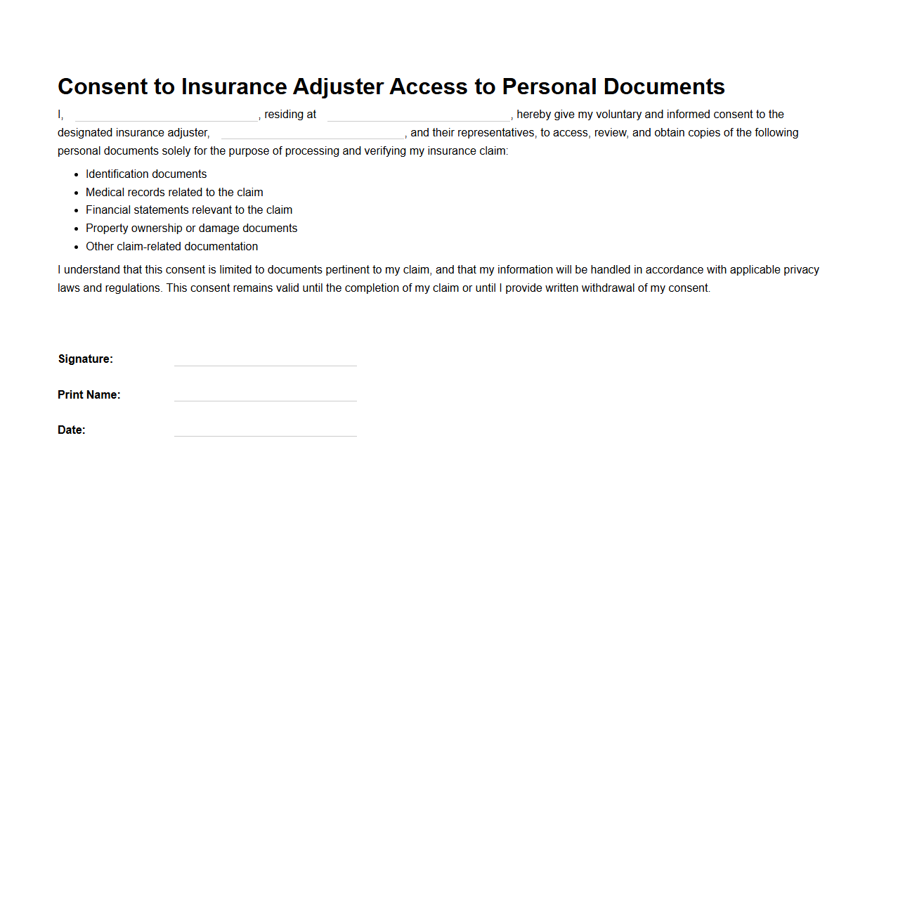 Consent to Insurance Adjuster Access to Personal Documents